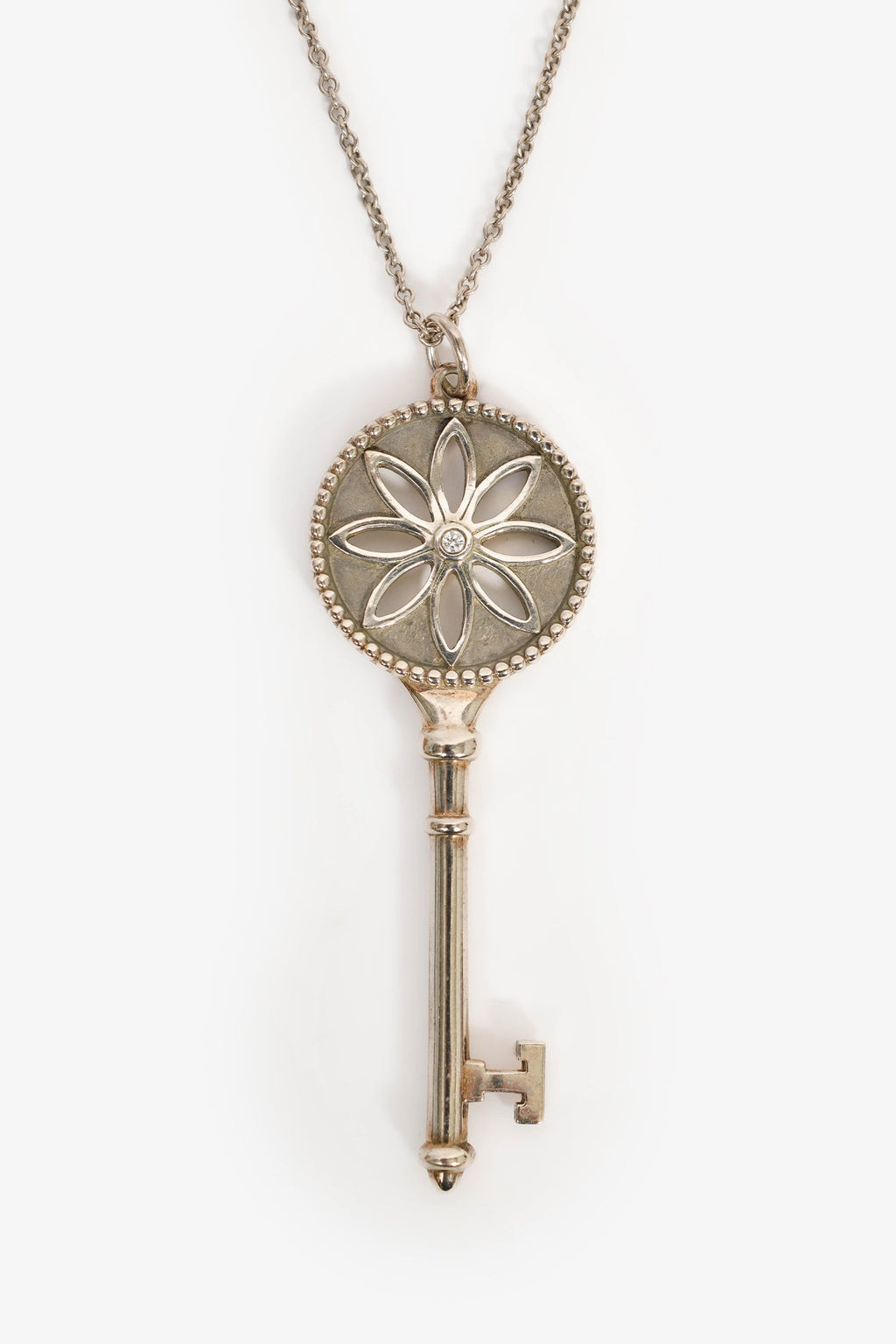 Tiffany & Co. Sterling Silver Diamond Daisy Key Pendant Necklace