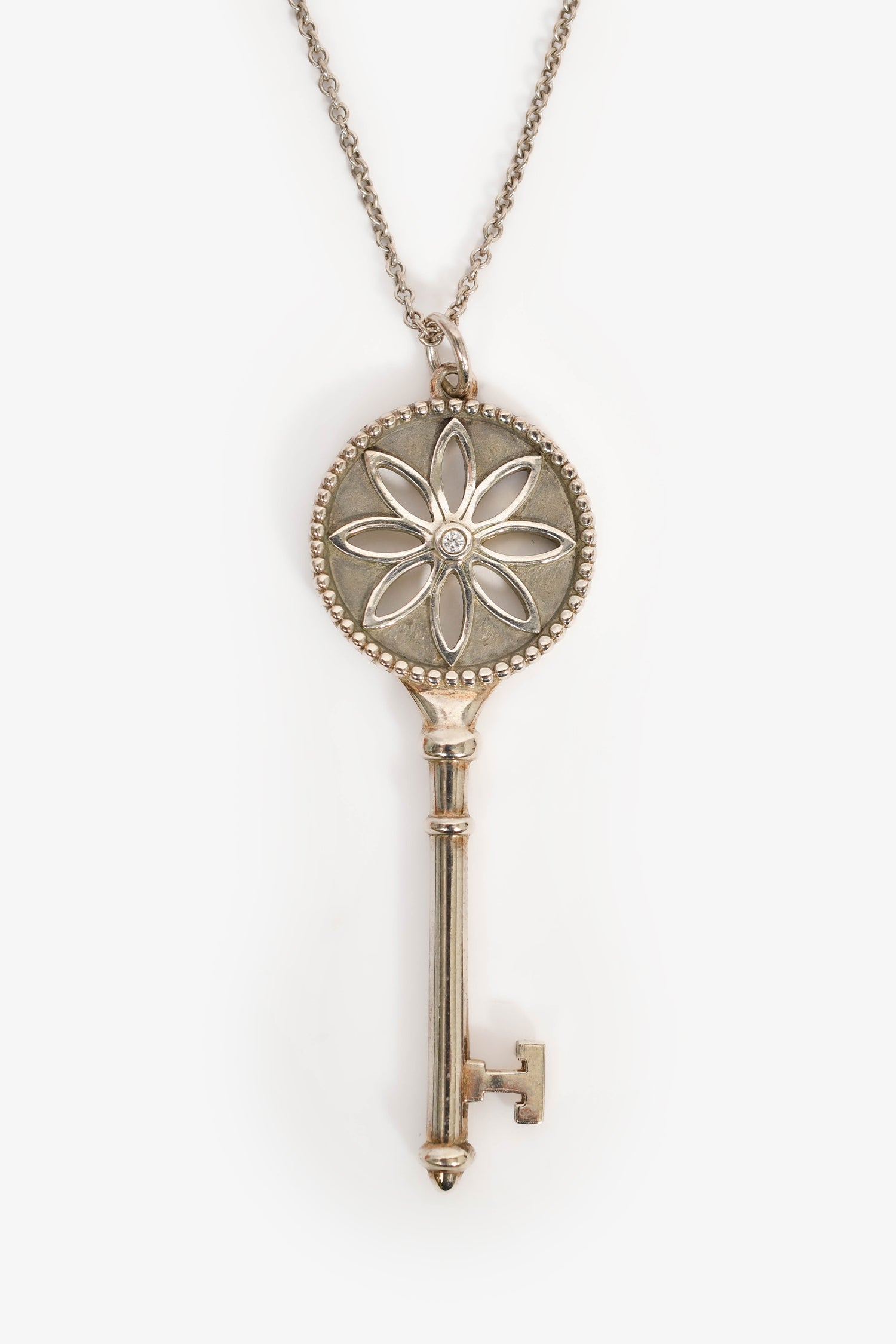 Tiffany & Co. Sterling Silver Diamond Daisy Key Pendant Necklace