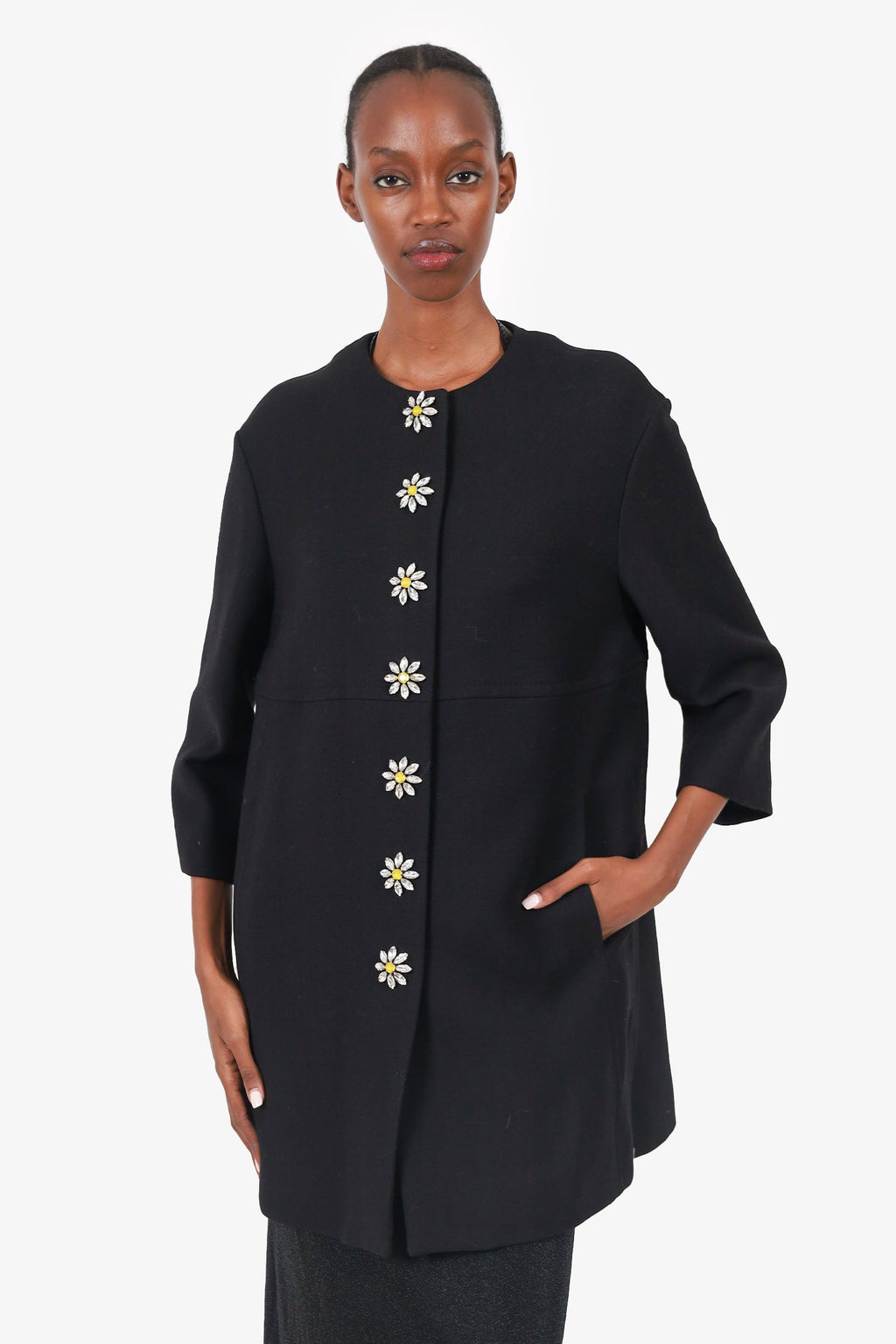 Dolce & Gabbana Black Wool Crystal Embellished Button Down Coat Size 36