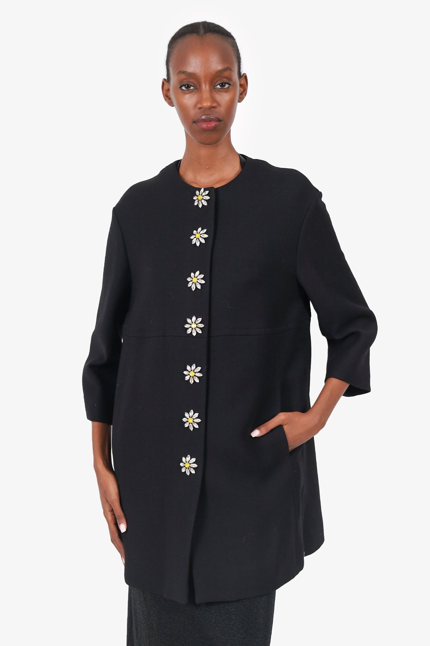 Dolce & Gabbana Black Wool Crystal Embellished Button Down Coat Size 36
