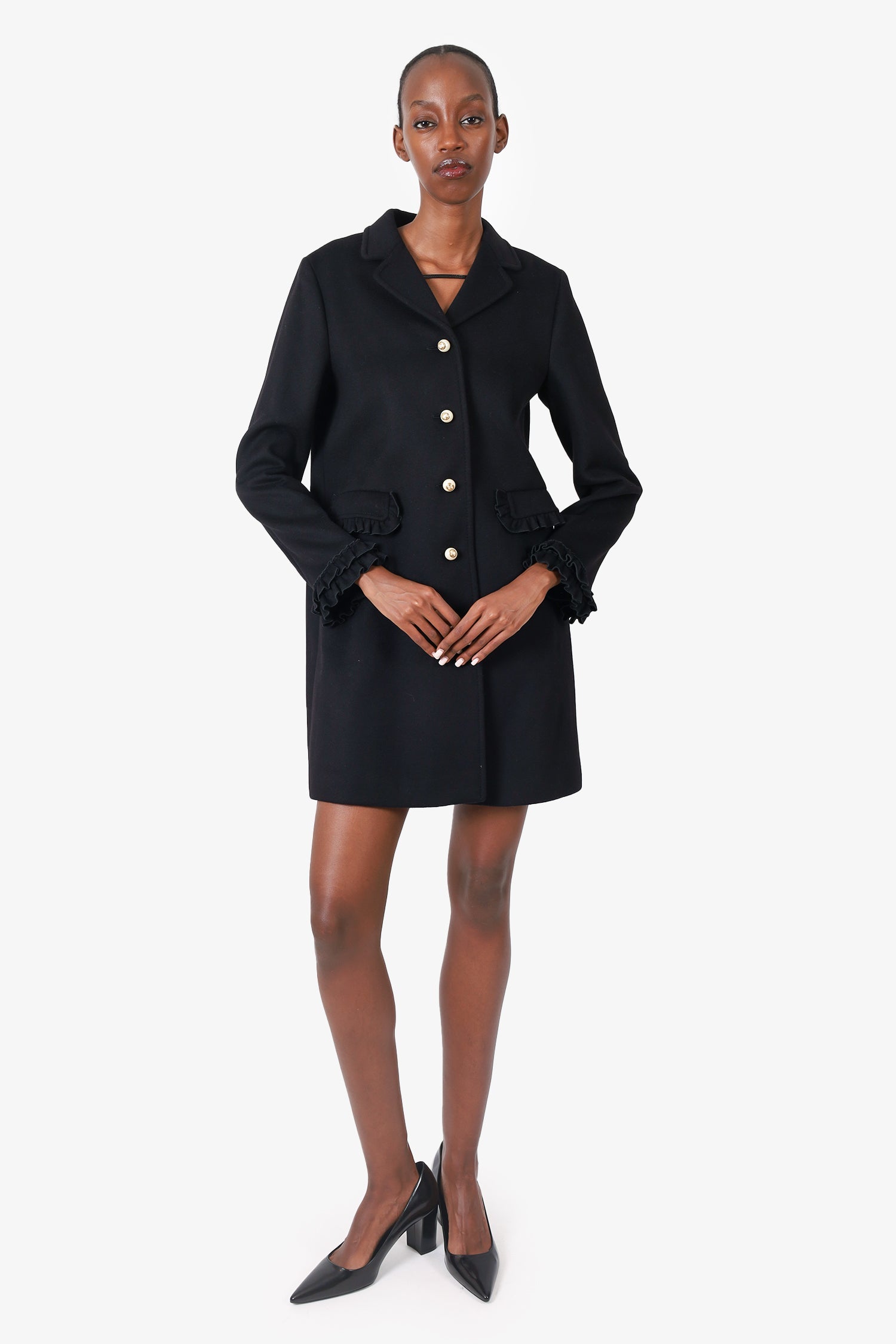 Gucci Black Wool Ruffle-Trimmed Pearl Button Coat Size 42