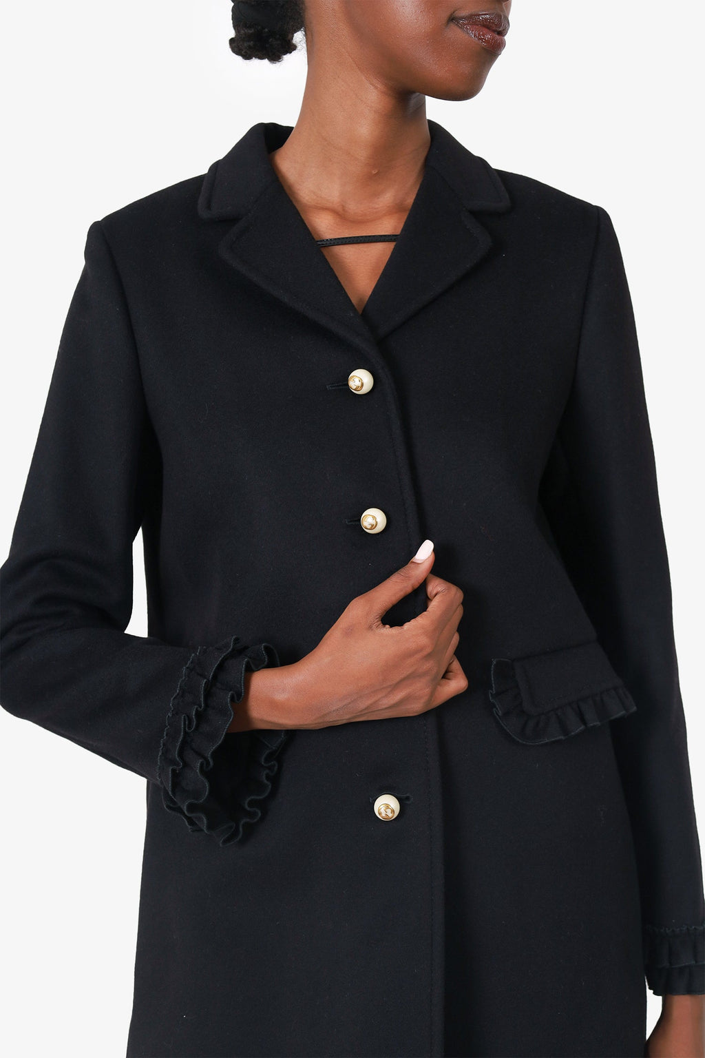Gucci Black Wool Ruffle-Trimmed Pearl Button Coat Size 42