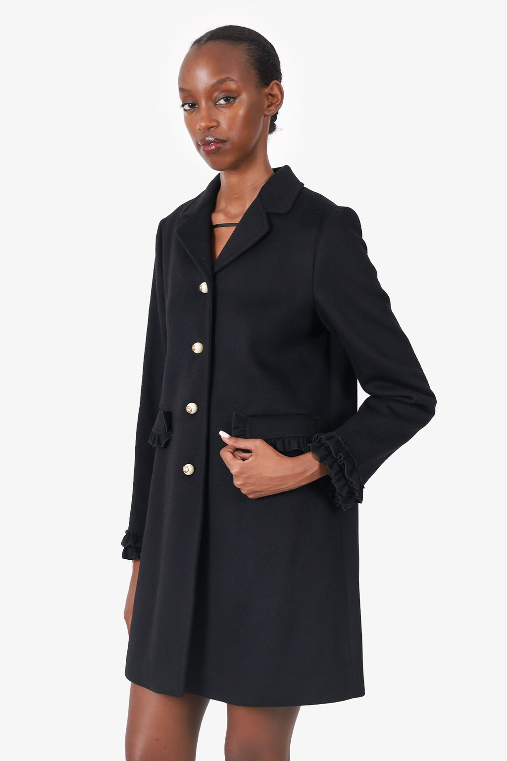 Gucci Black Wool Ruffle-Trimmed Pearl Button Coat Size 42
