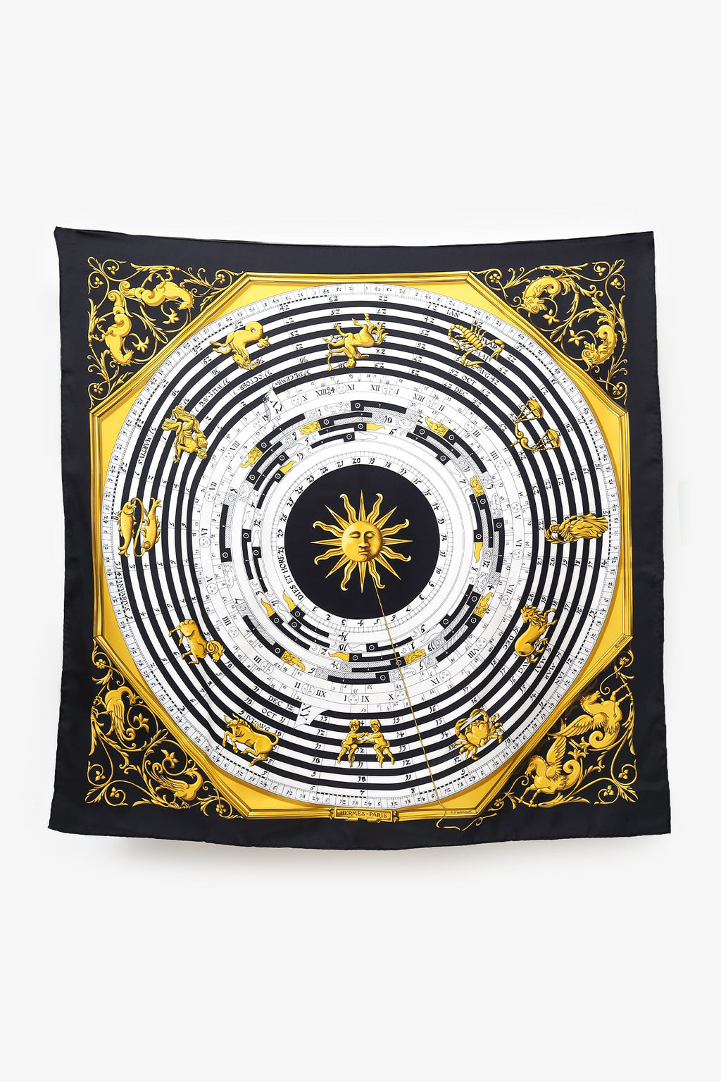 Hermès Black 'Astrologie Dies et Hore' Silk Scarf 90cm