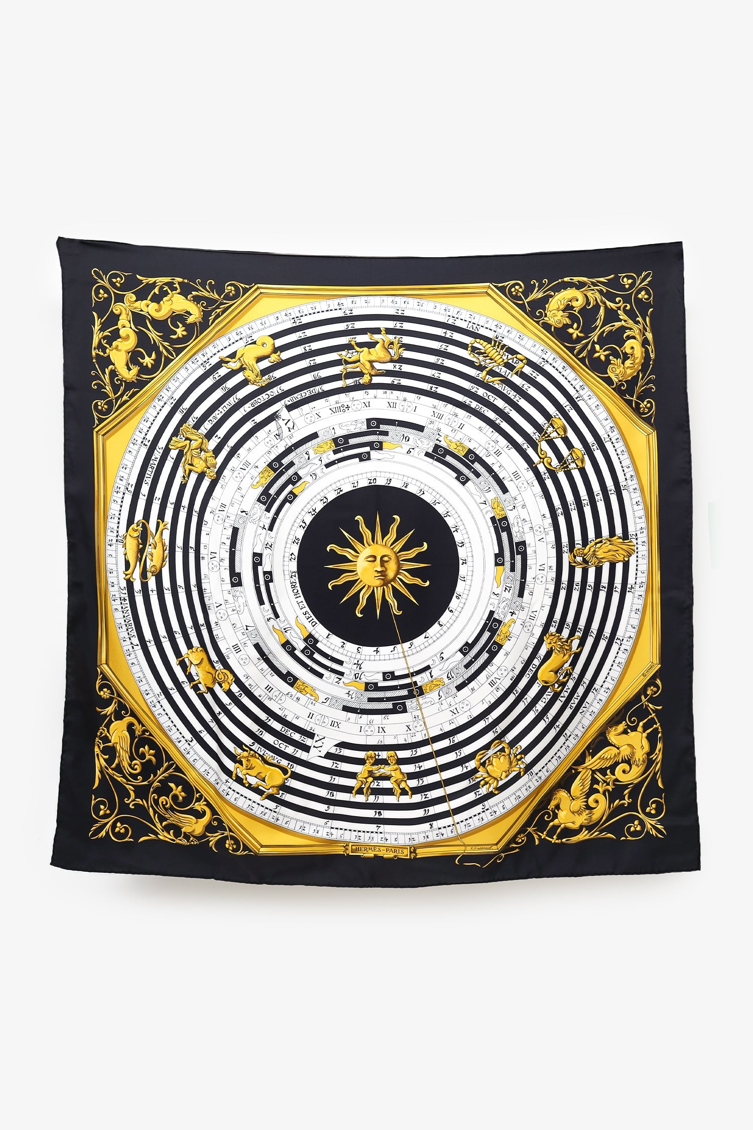 Hermès Black 'Astrologie Dies et Hore' Silk Scarf 90cm