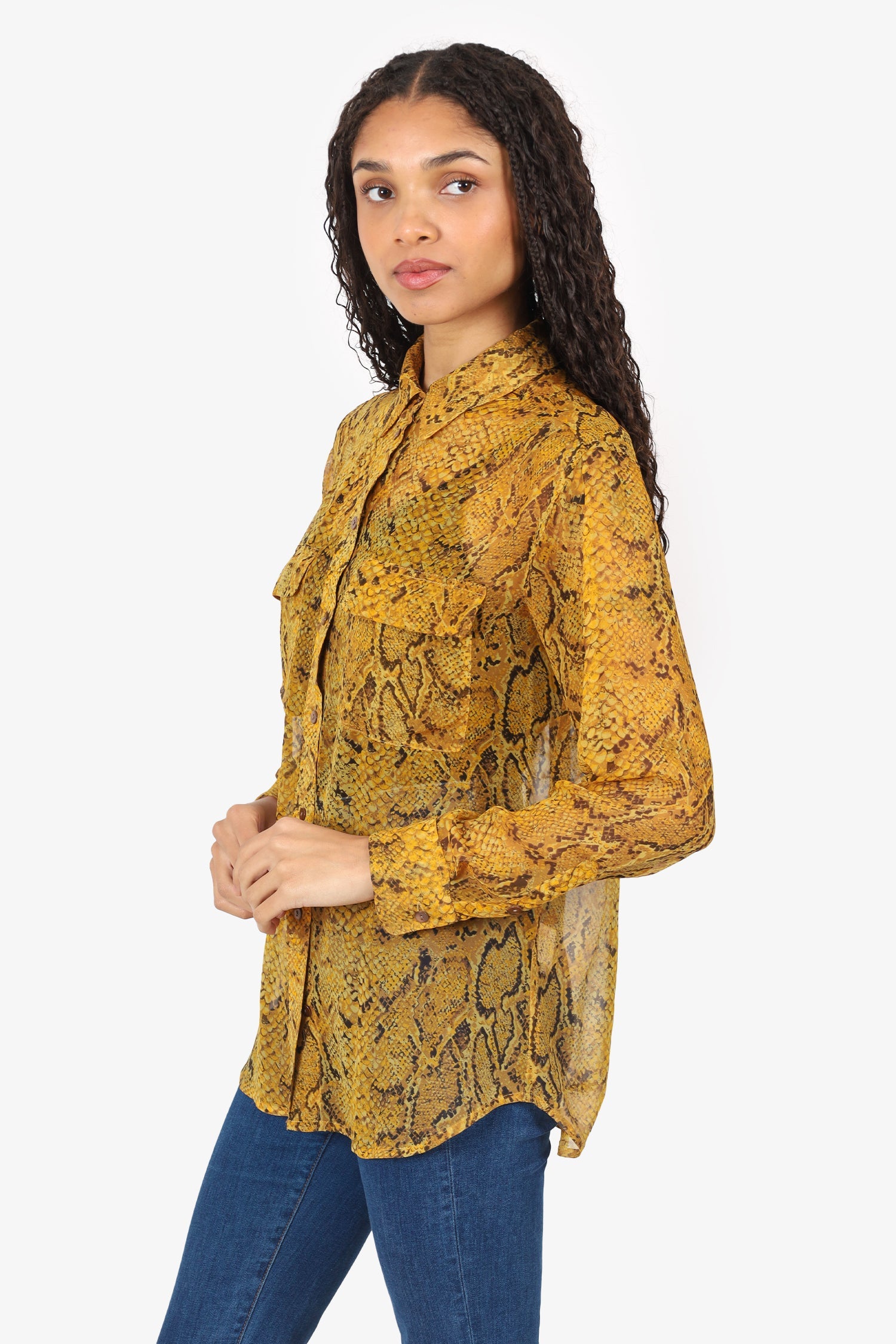 Equipments Yellow Silk Snake Print Button Up Shirt size XS