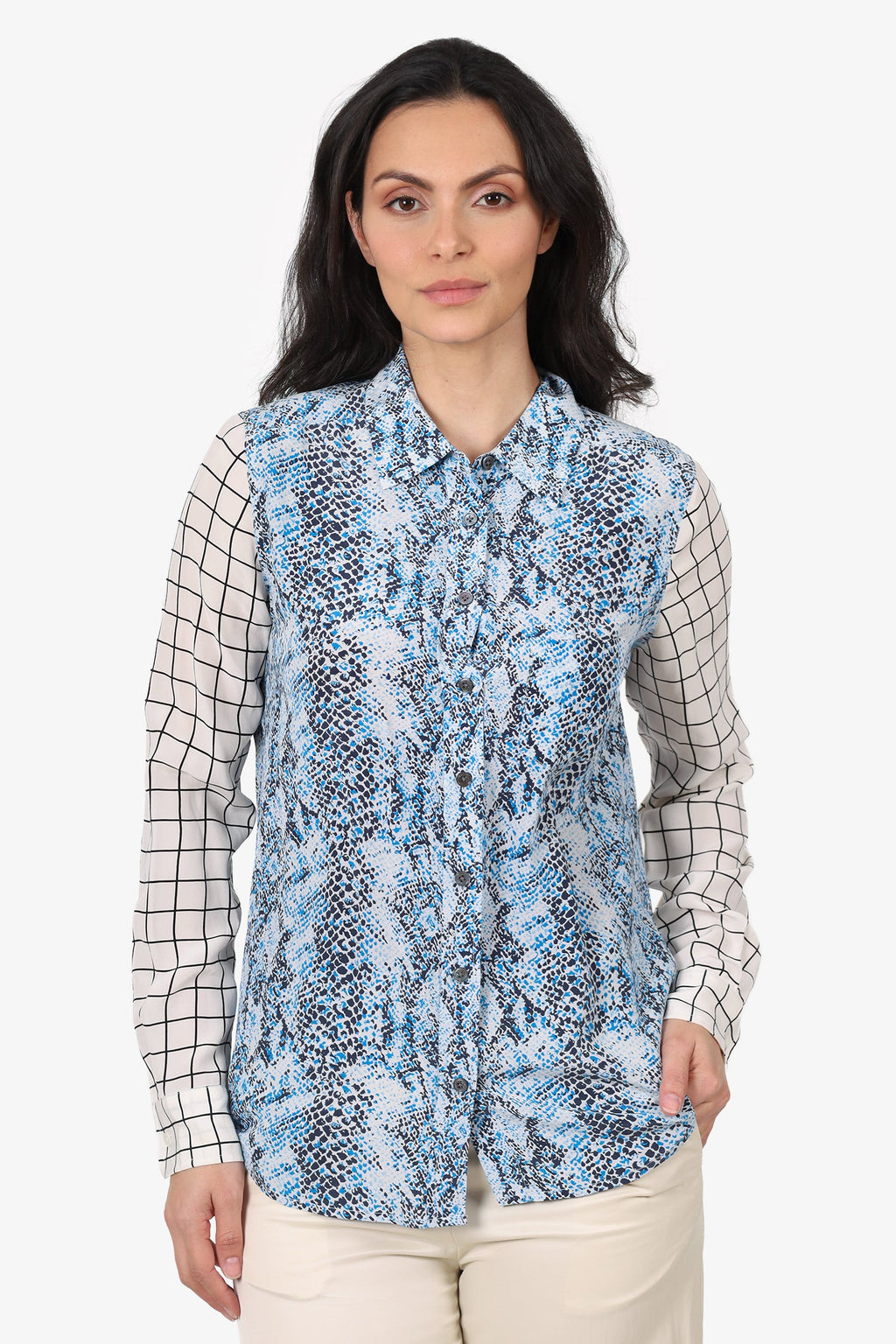 Equipment Blue/White Silk Printed Button Up Blouse Size S