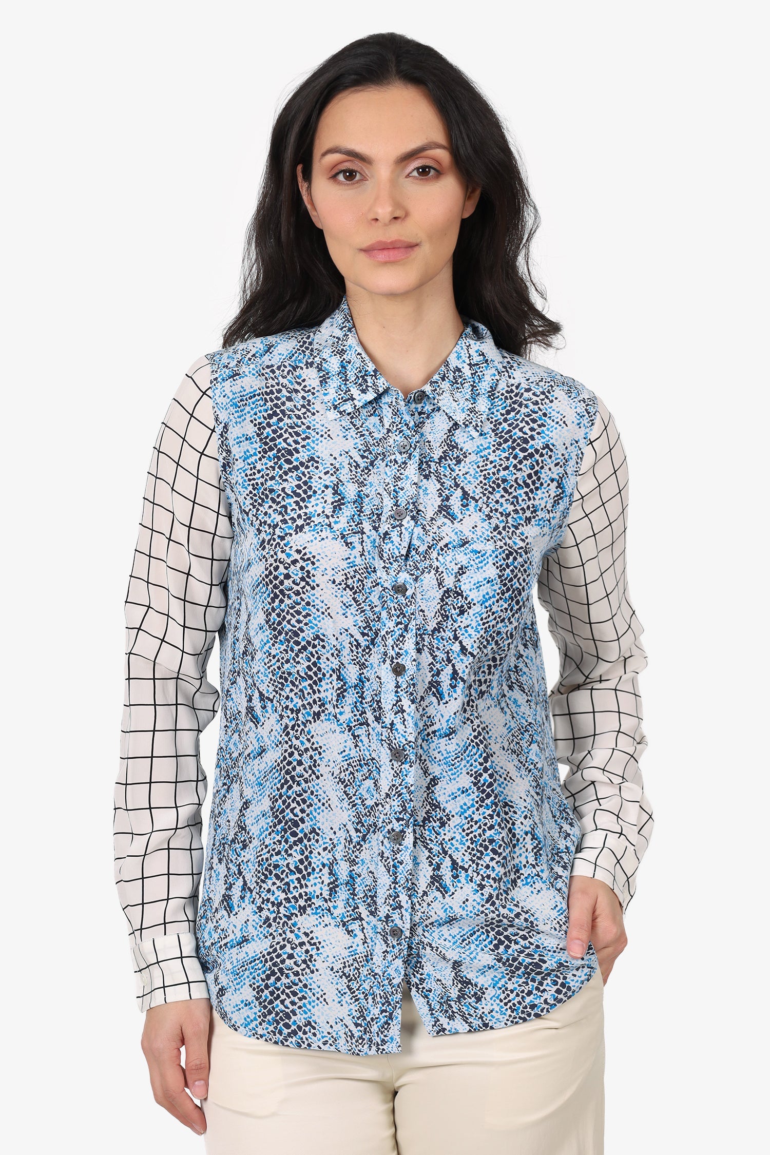 Equipment Blue/White Silk Printed Button Up Blouse Size S