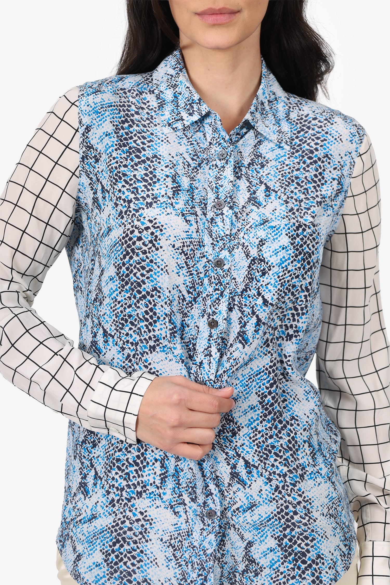 Equipment Blue/White Silk Printed Button Up Blouse Size S