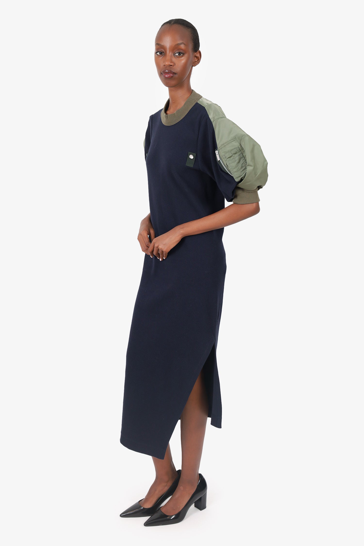 Sacai Navy/Green Knit Puff Sleeve Maxi Dress Size 3
