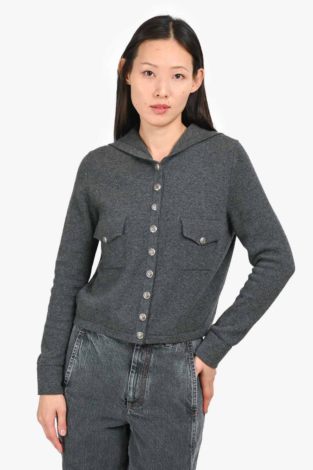 Pre-Loved Chanel™ Grey Cashmere Button Up Sailor igan Size 38