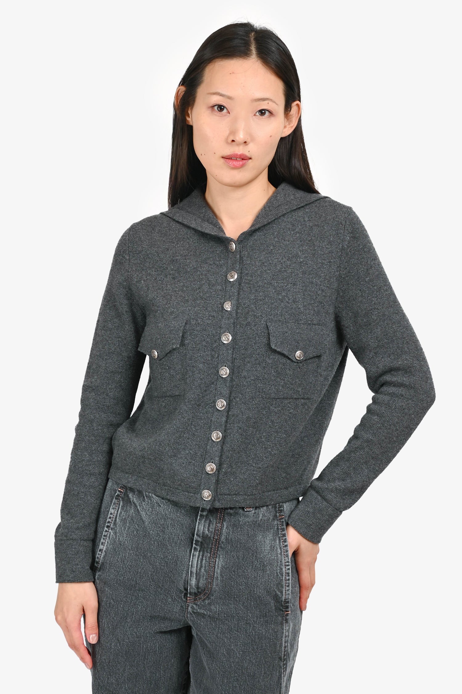 Pre-Loved Chanel™ Grey Cashmere Button Up Sailor igan Size 38