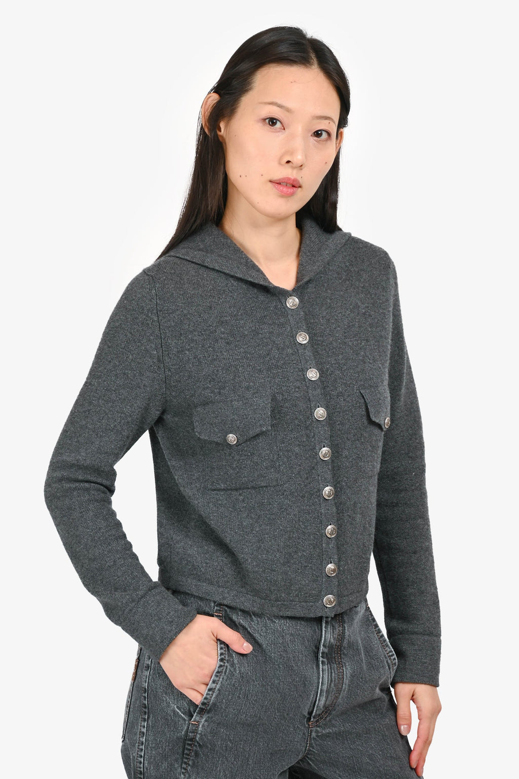 Pre-Loved Chanel™ Grey Cashmere Button Up Sailor igan Size 38