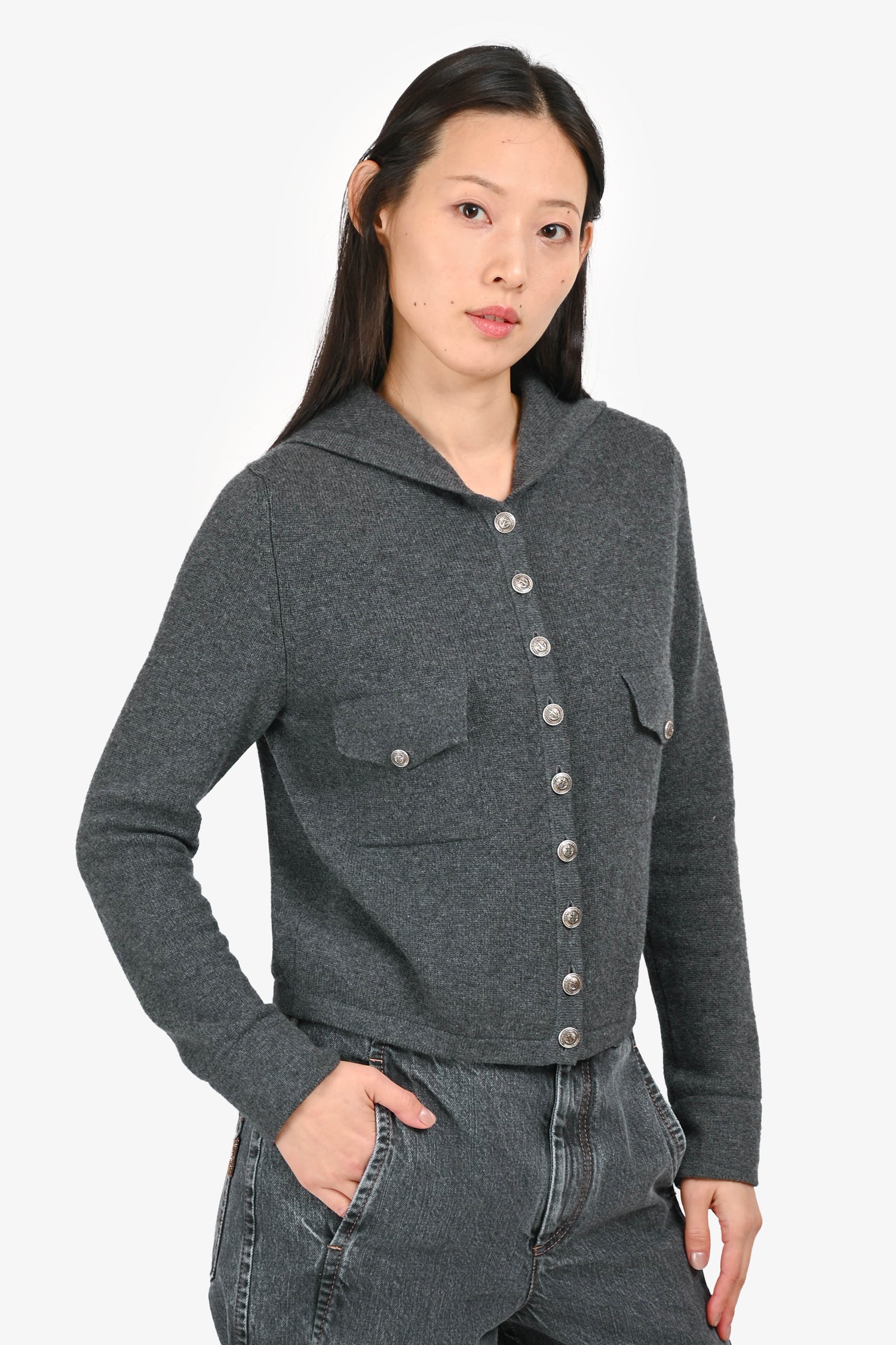 Pre-Loved Chanel™ Grey Cashmere Button Up Sailor igan Size 38