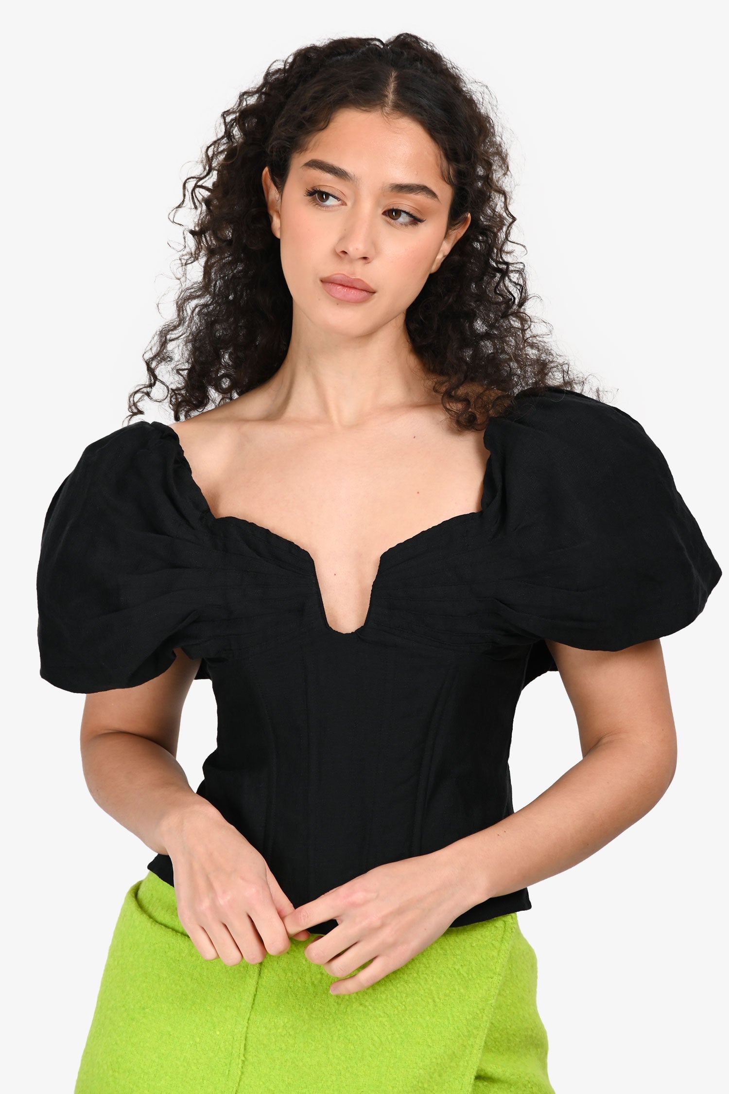 Cult Gaia Black Linen 'Samantha' Cropped Short Sleeve Top Size M