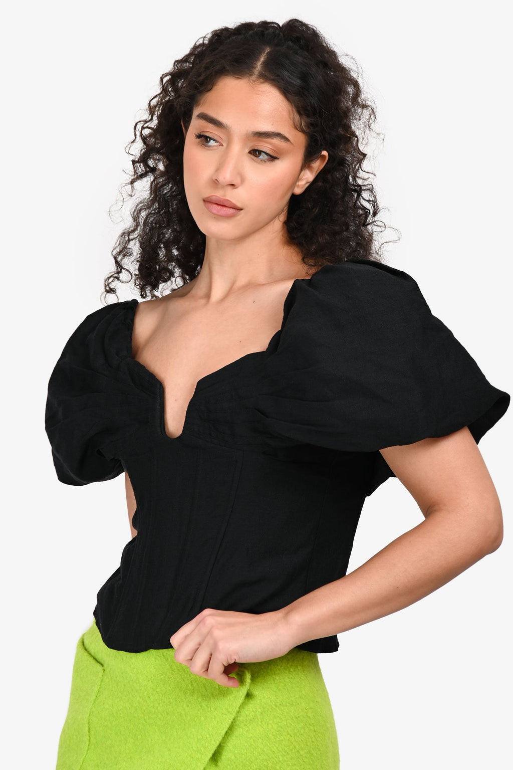 Cult Gaia Black Linen 'Samantha' Cropped Short Sleeve Top Size M