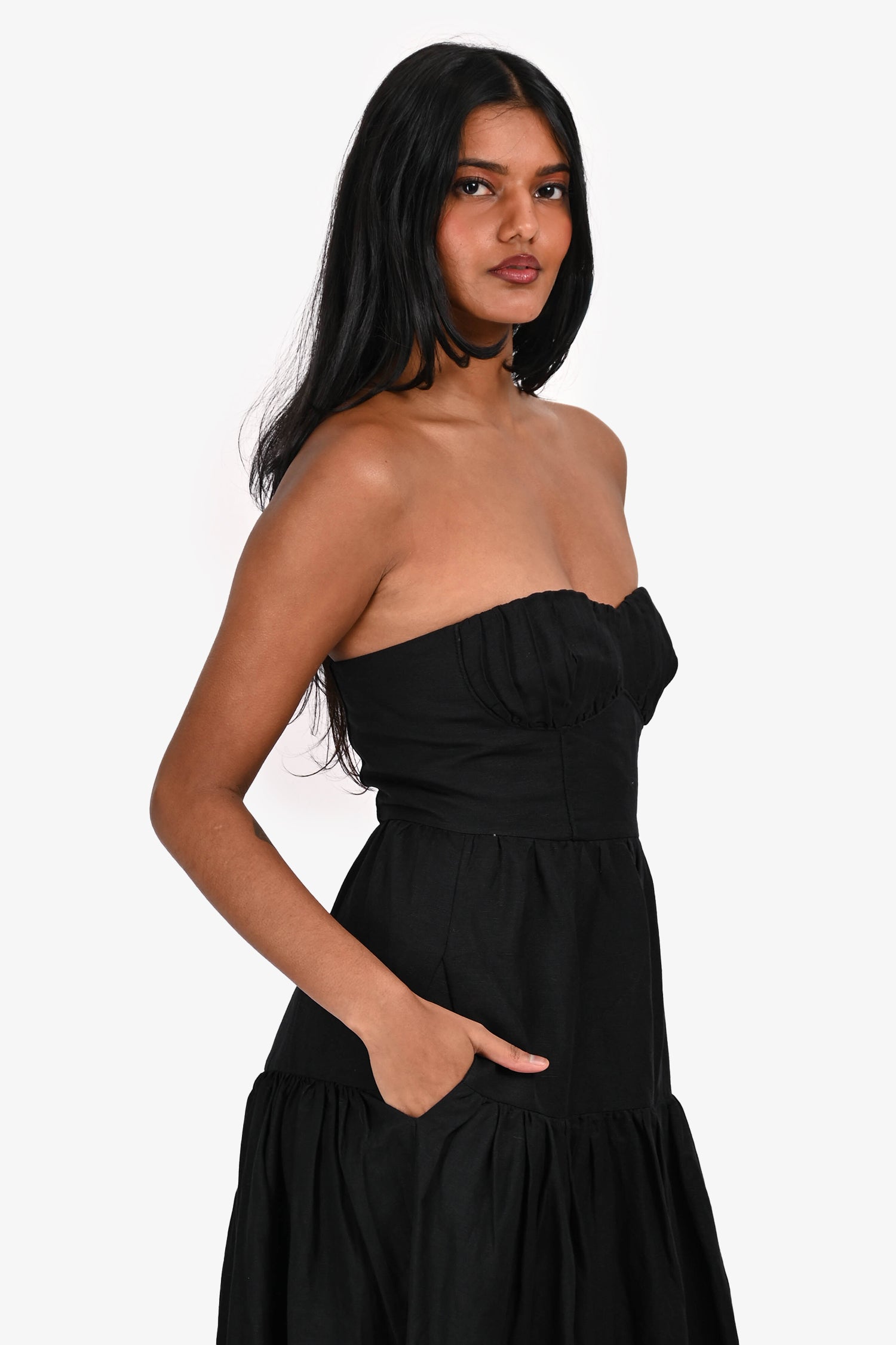 Shona Joy Black Linen Sleeveless Tiered Maxi Dress Size 2