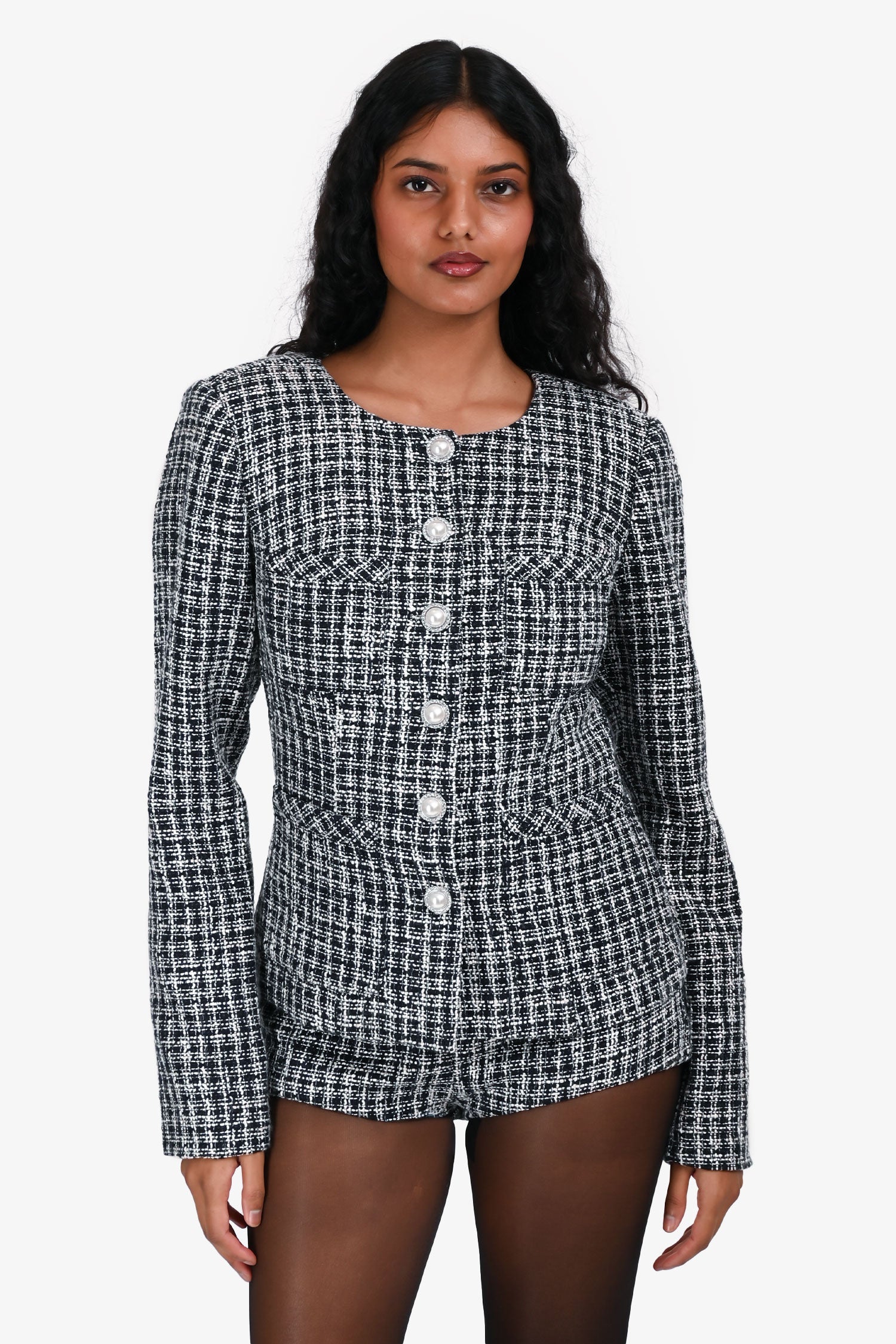 Majorelle Navy/White Tweed Faux Pearl/Crystal Jacket Size S