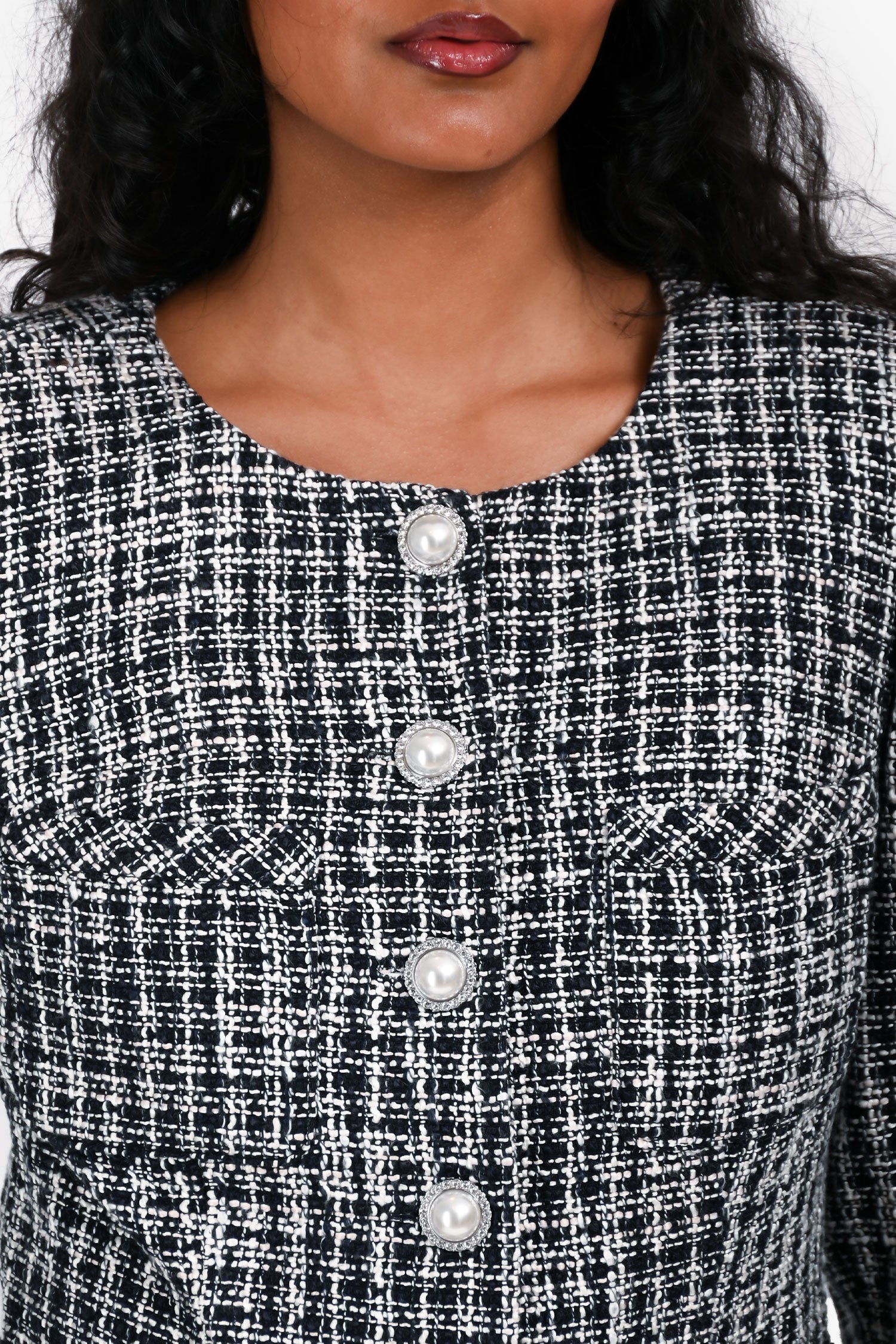 Majorelle Navy/White Tweed Faux Pearl/Crystal Jacket Size S