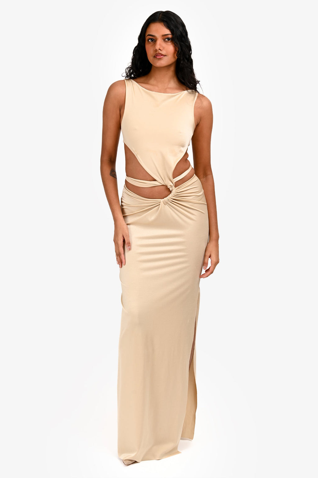 Baobab Beige Shimmery Cutout Maxi Dress Size XS
