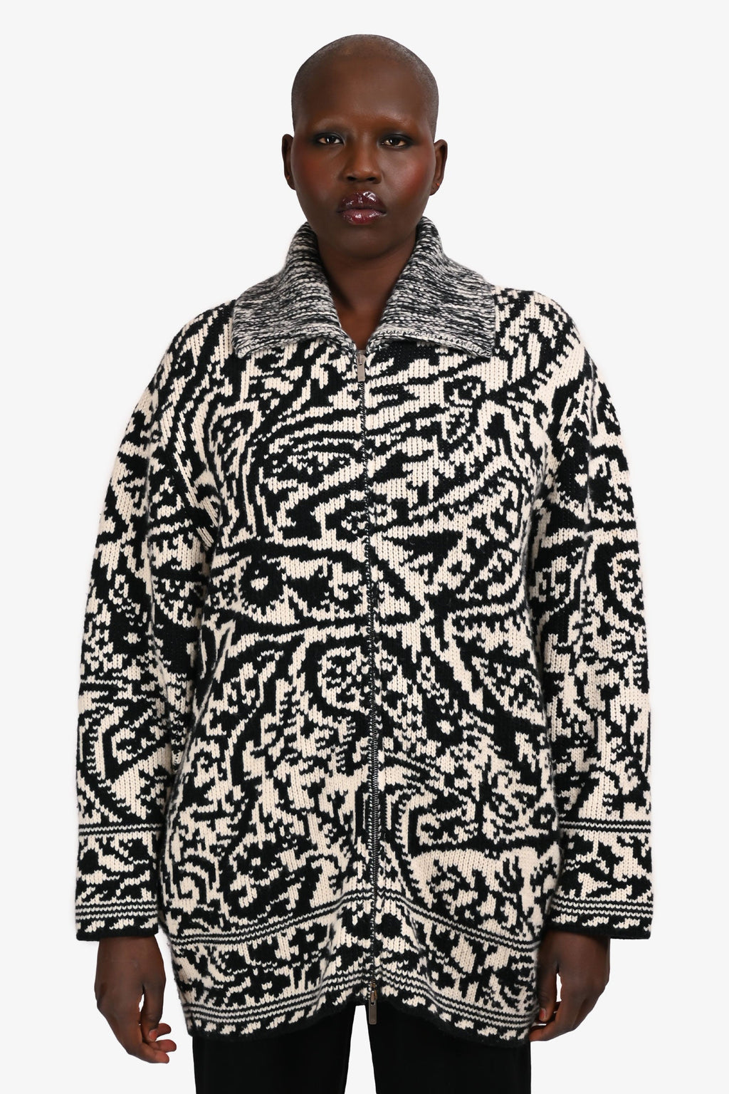 Christian Dior Black/White Wool/Cashmere Patterned Zip Up igan Size M