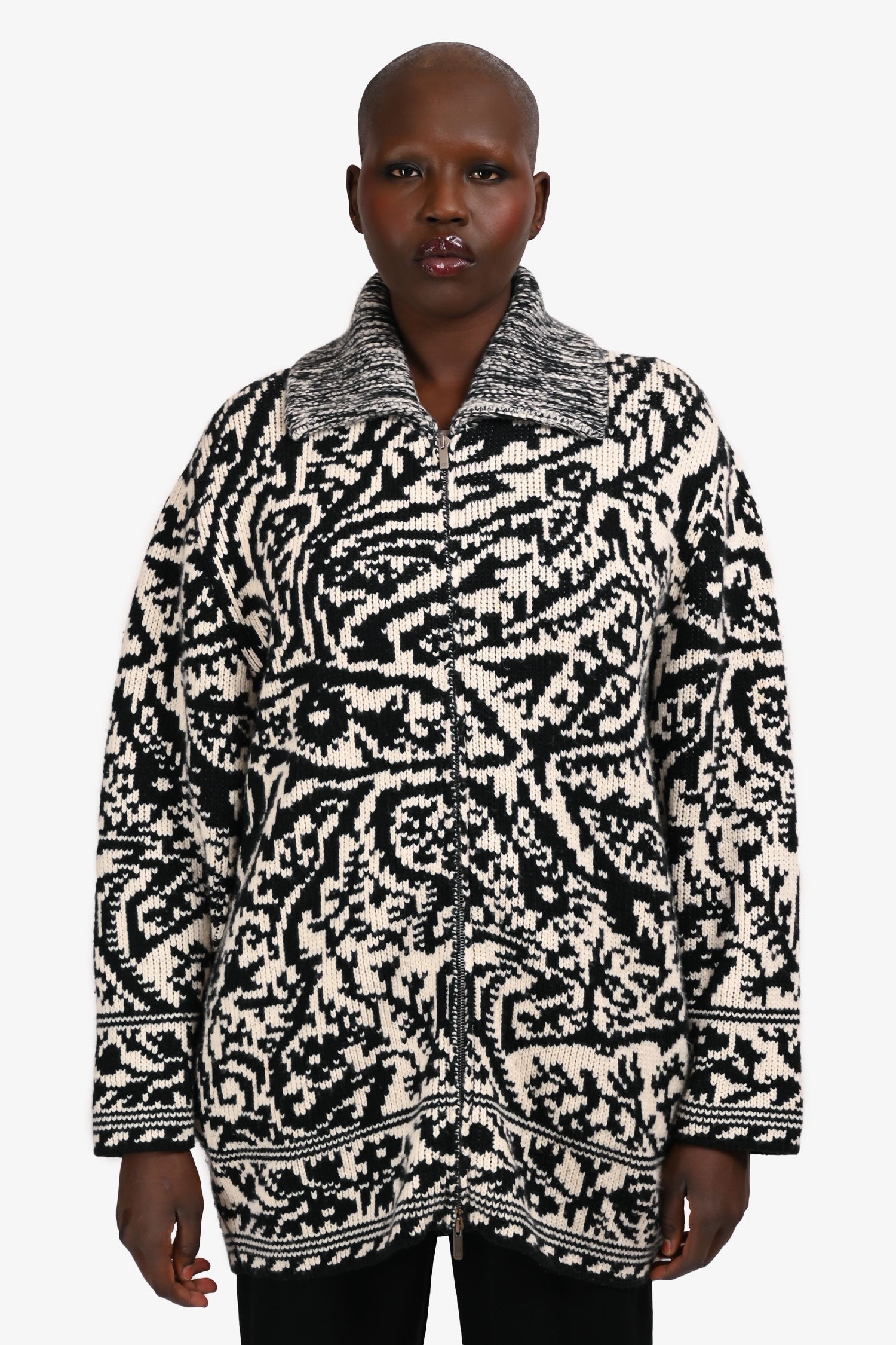 Christian Dior Black/White Wool/Cashmere Patterned Zip Up igan Size M