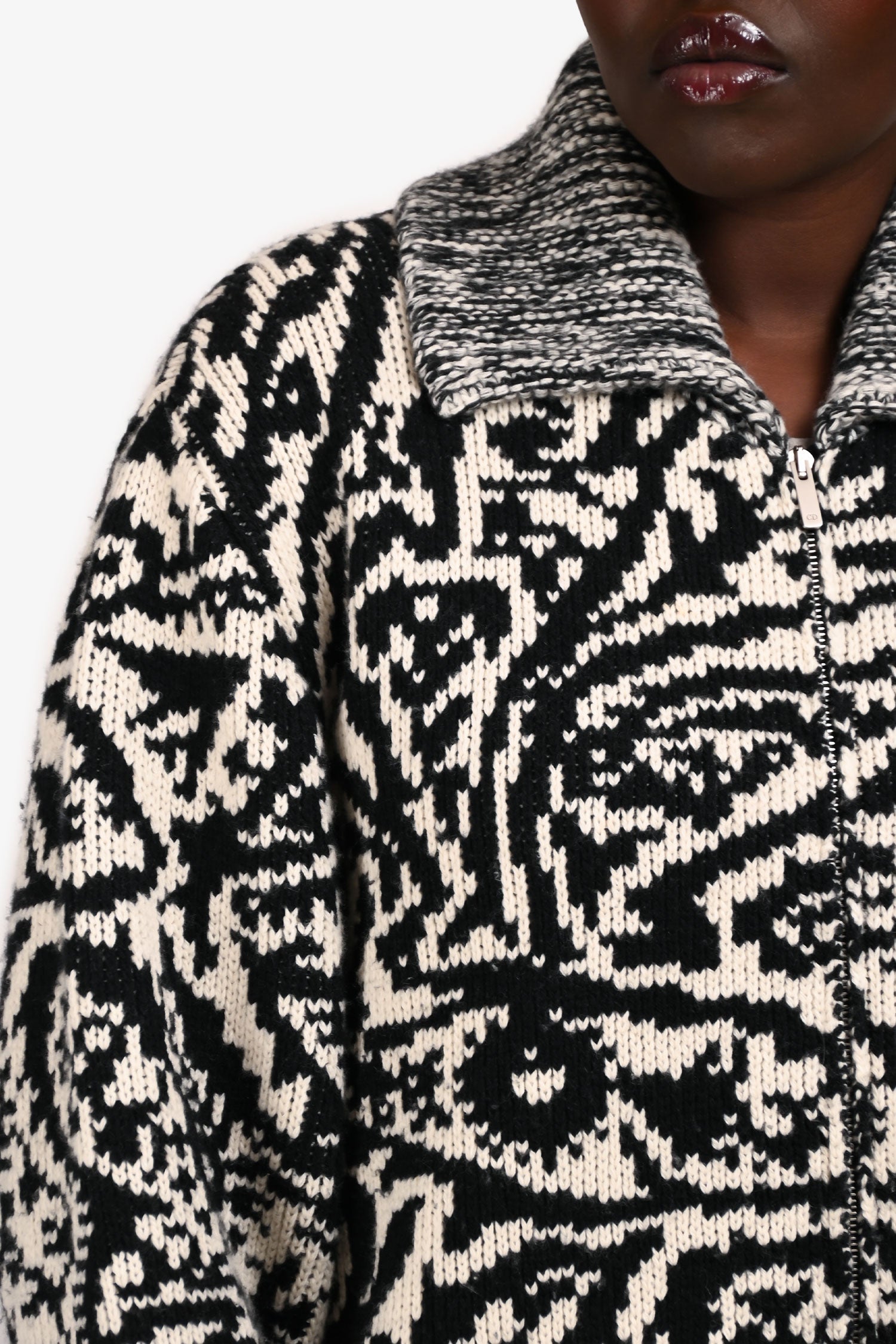 Christian Dior Black/White Wool/Cashmere Patterned Zip Up igan Size M