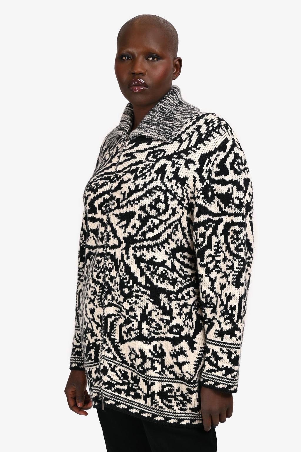 Christian Dior Black/White Wool/Cashmere Patterned Zip Up igan Size M