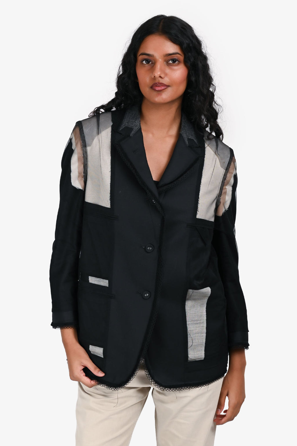 Thom Browne Black/Grey Wool/Silk Mesh Detail Blazer Size 38