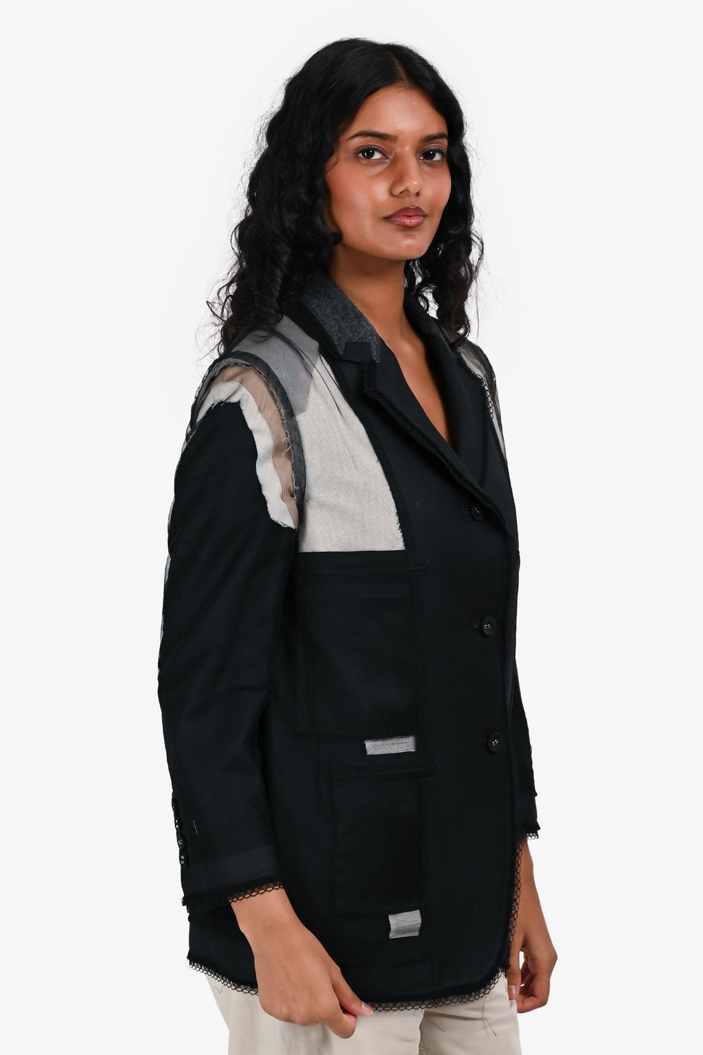 Thom Browne Black/Grey Wool/Silk Mesh Detail Blazer Size 38
