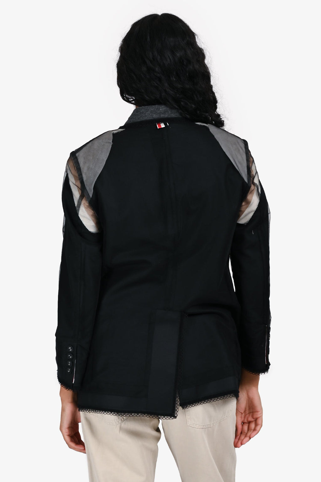 Thom Browne Black/Grey Wool/Silk Mesh Detail Blazer Size 38