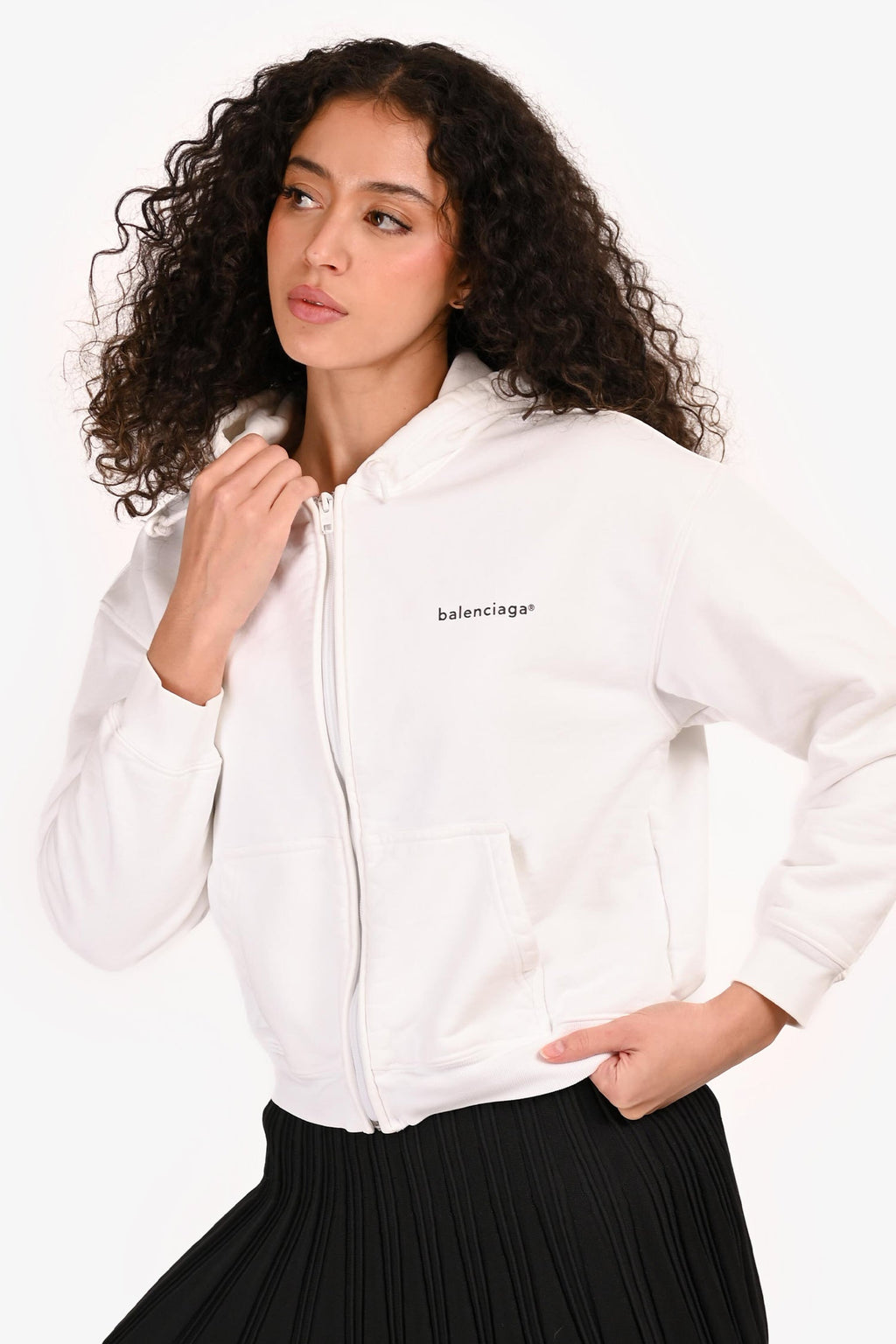 Balenciaga White Logo Print Cropped Zip Up Hoodie Size L