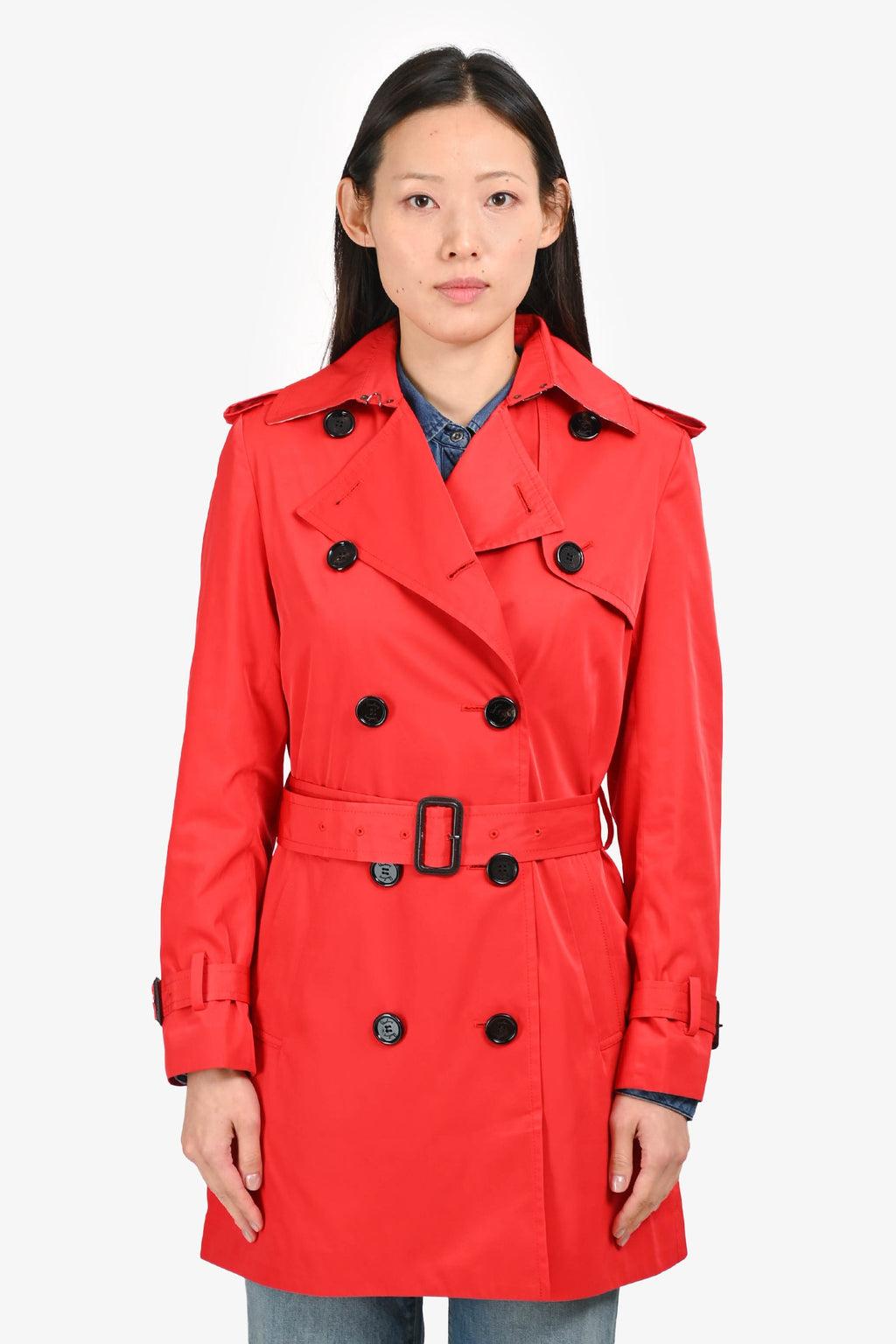 Burberry London Red Nylon Double Breasted Trench Coat Size 38 with Belt
