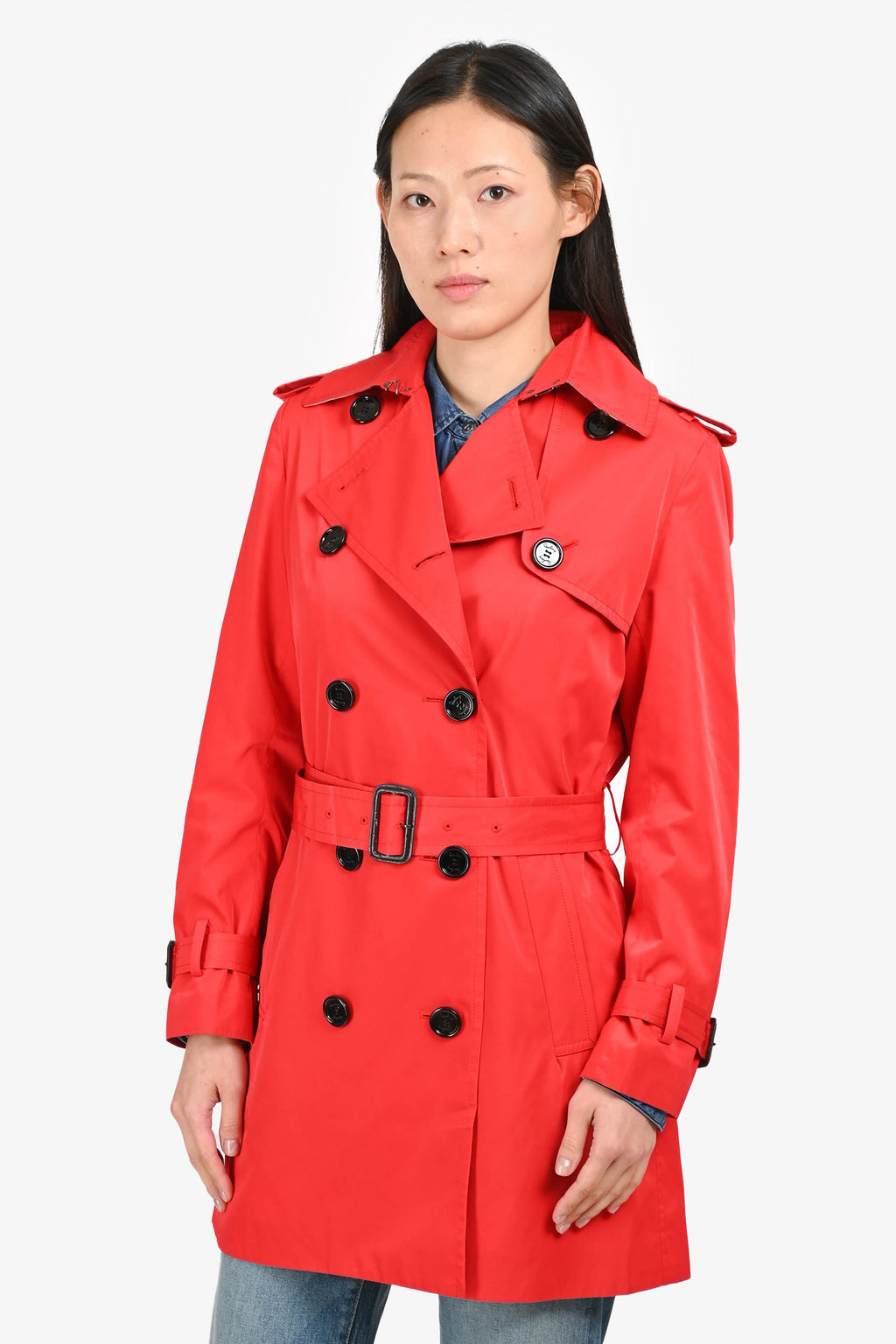 Burberry London Red Nylon Double Breasted Trench Coat Size 38 with Belt