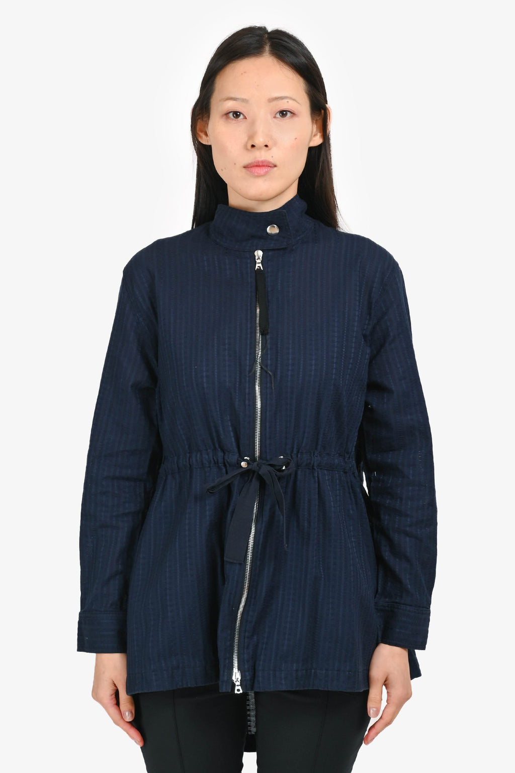 Adam Lippes Navy Patterned Cinch Waist Zip Up Jacket Size XS