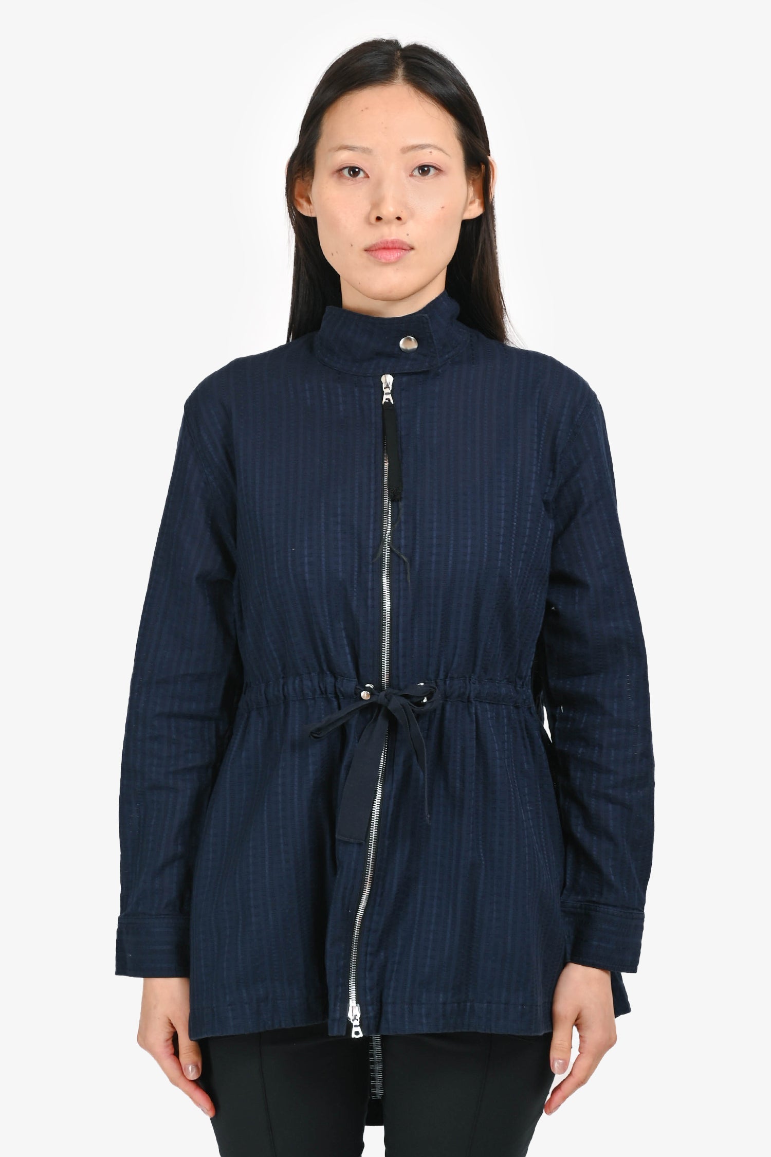 Adam Lippes Navy Patterned Cinch Waist Zip Up Jacket Size XS