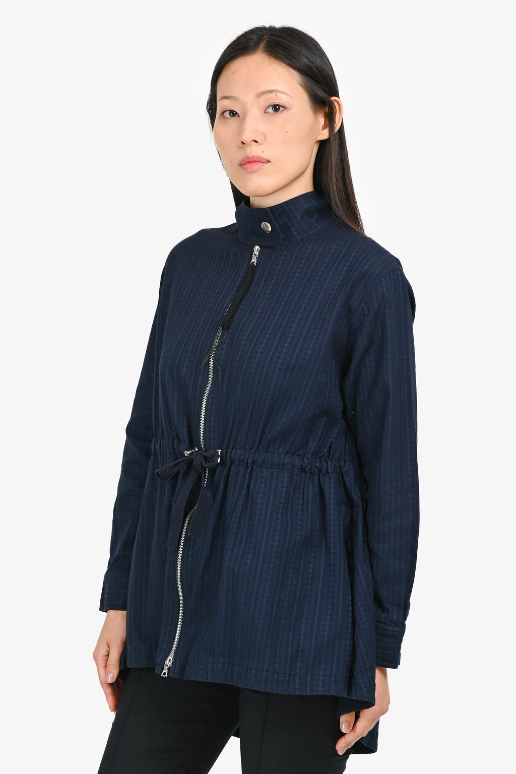 Adam Lippes Navy Patterned Cinch Waist Zip Up Jacket Size XS