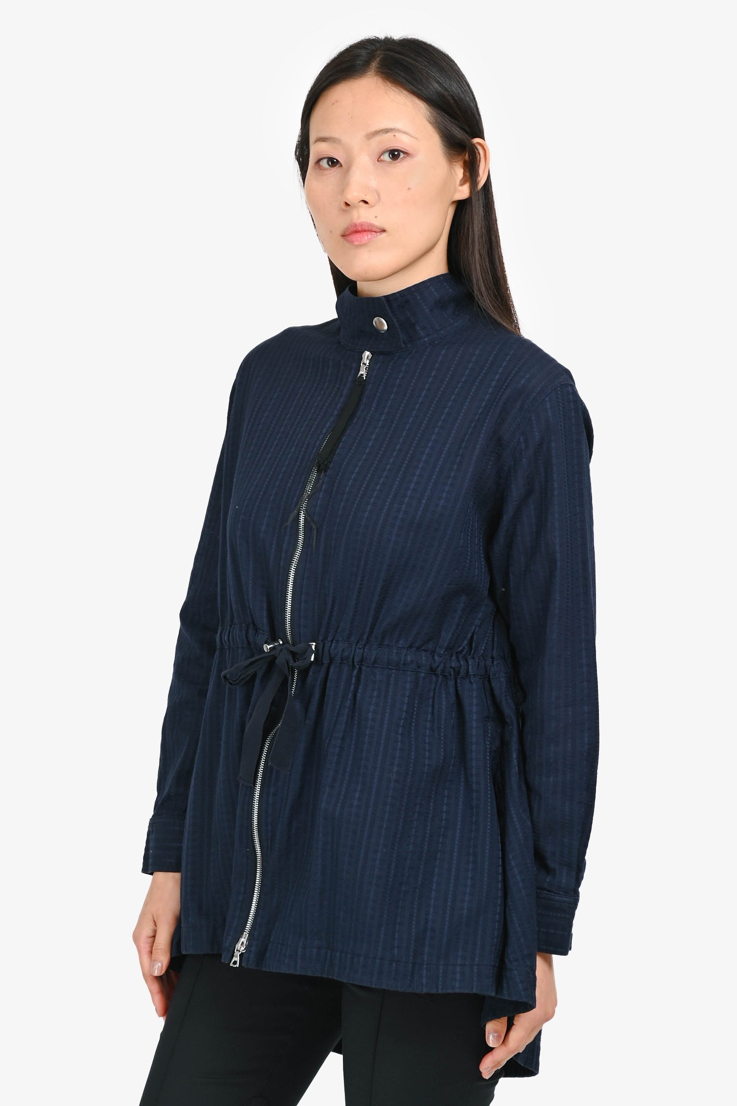 Adam Lippes Navy Patterned Cinch Waist Zip Up Jacket Size XS