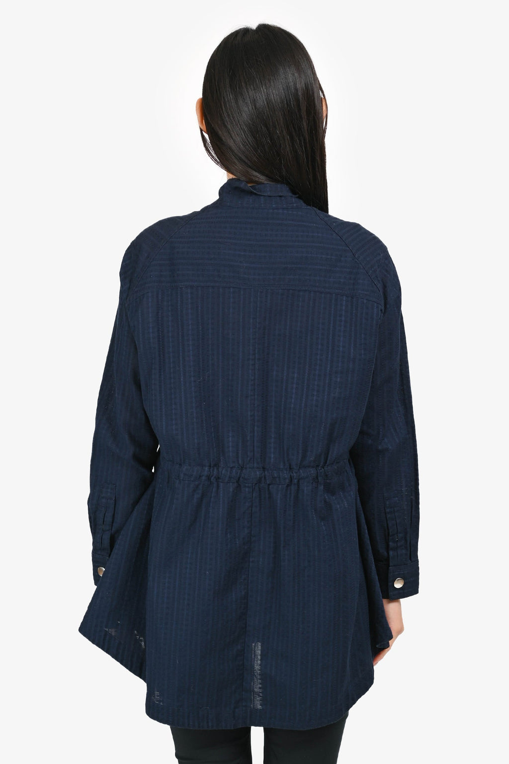 Adam Lippes Navy Patterned Cinch Waist Zip Up Jacket Size XS