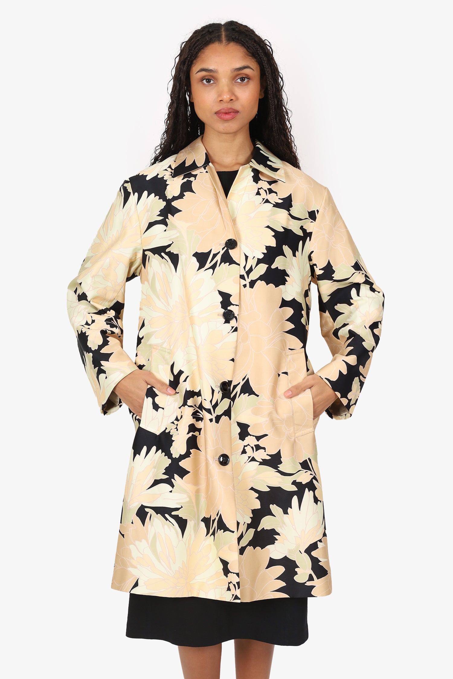 Dries Van Noten Cream/Black Satin Floral Print Coat size 38