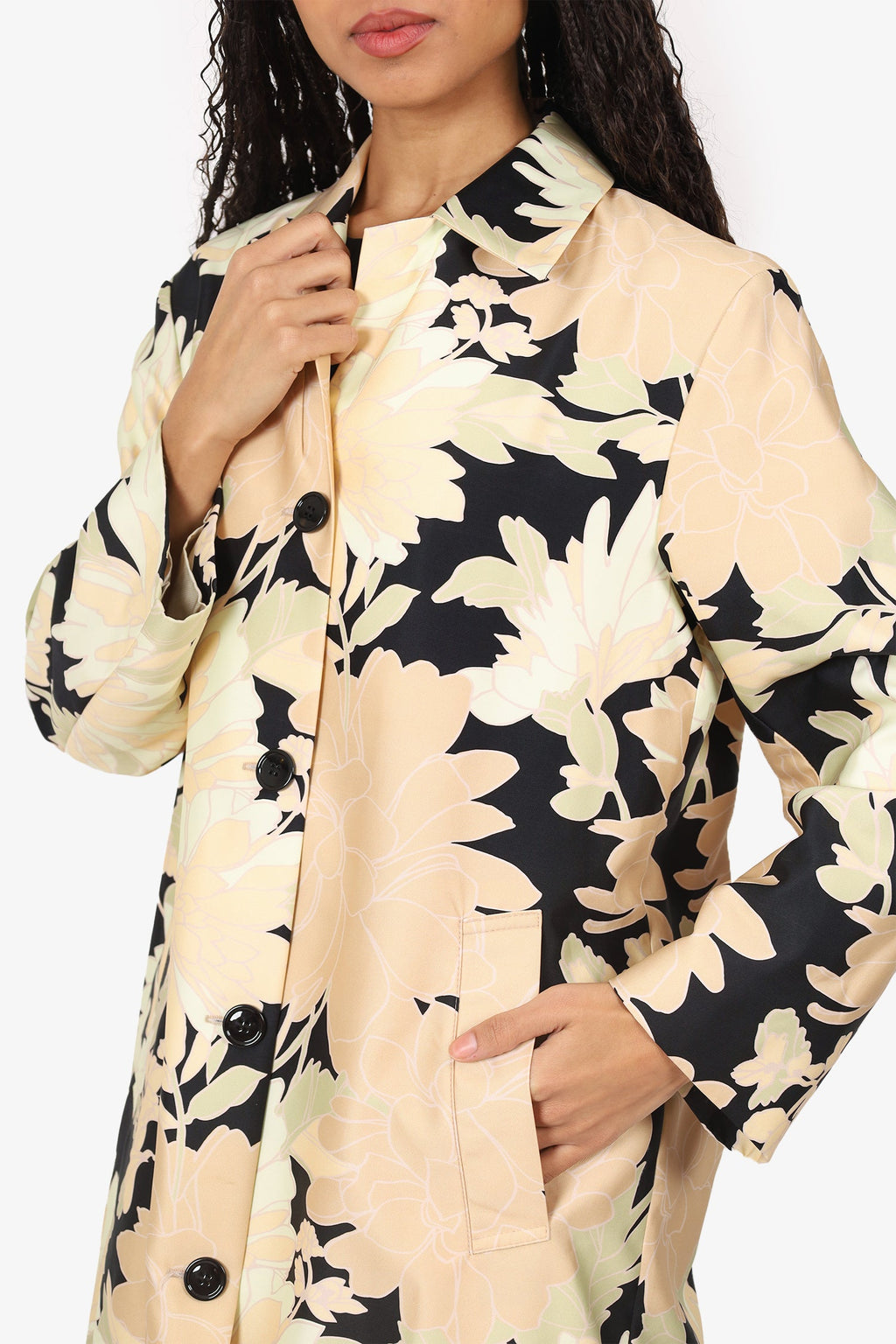 Dries Van Noten Cream/Black Satin Floral Print Coat size 38