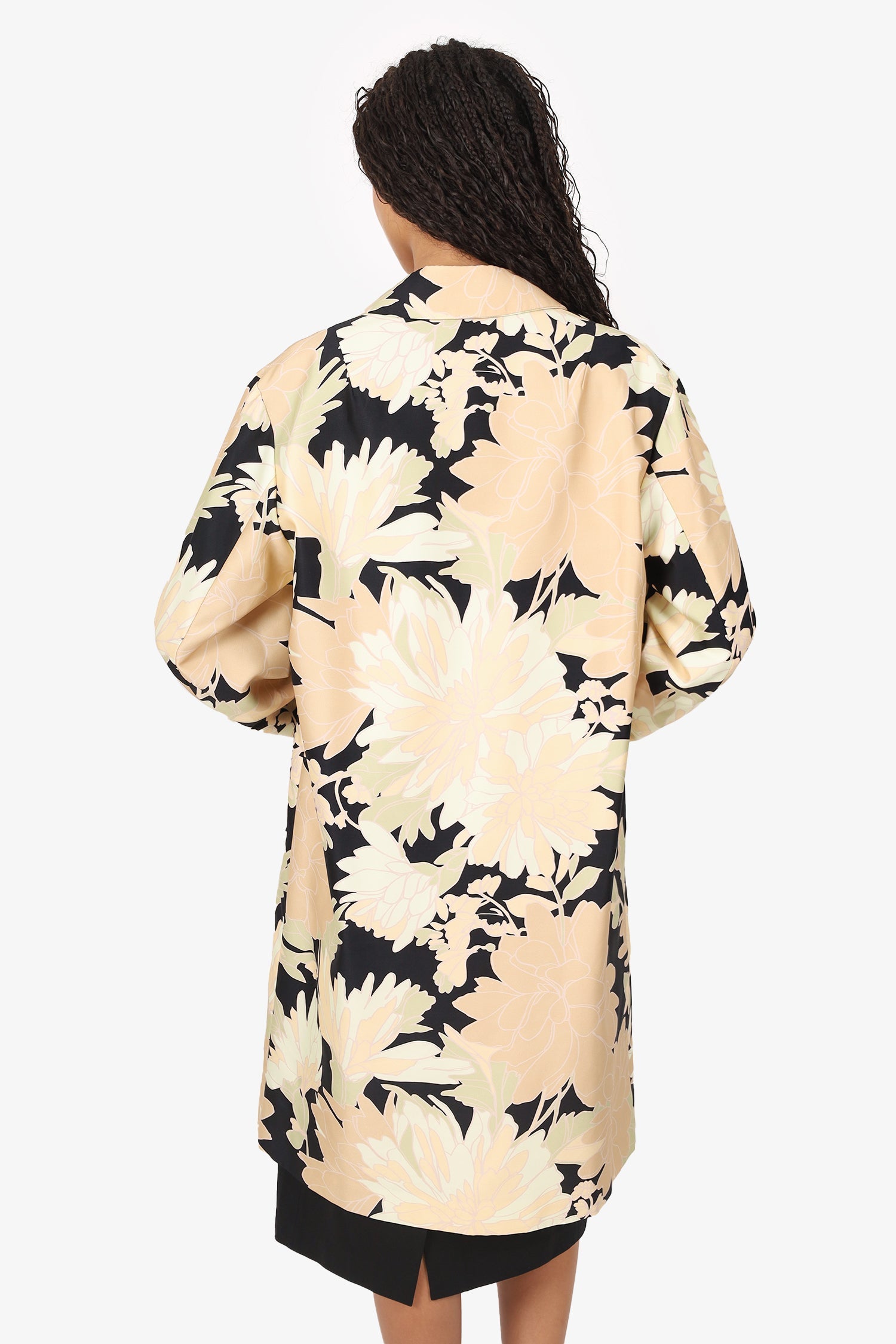 Dries Van Noten Cream/Black Satin Floral Print Coat size 38