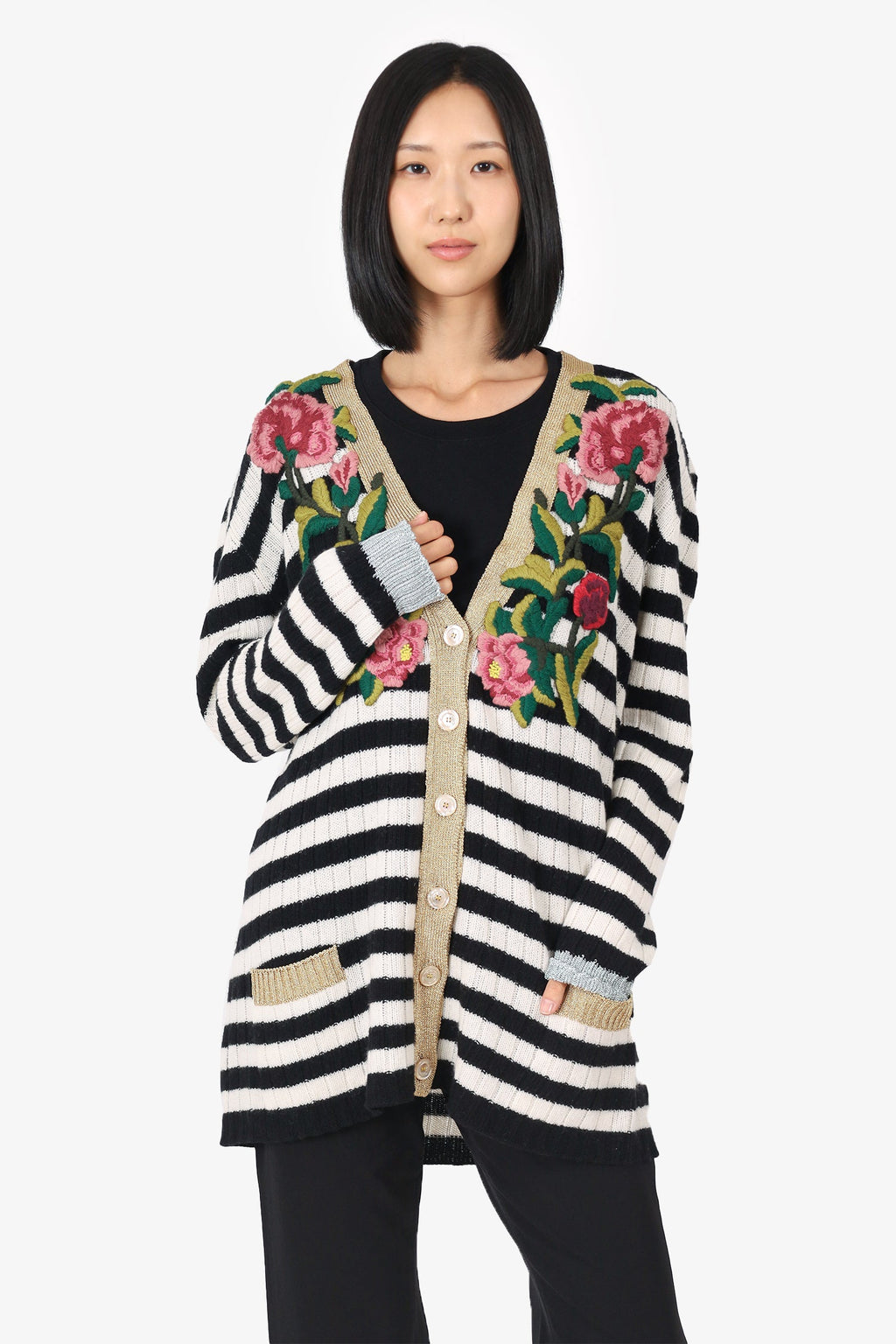 Gucci Black/White Knit Cashmere/Wool Striped/Floral Print igan Size  L