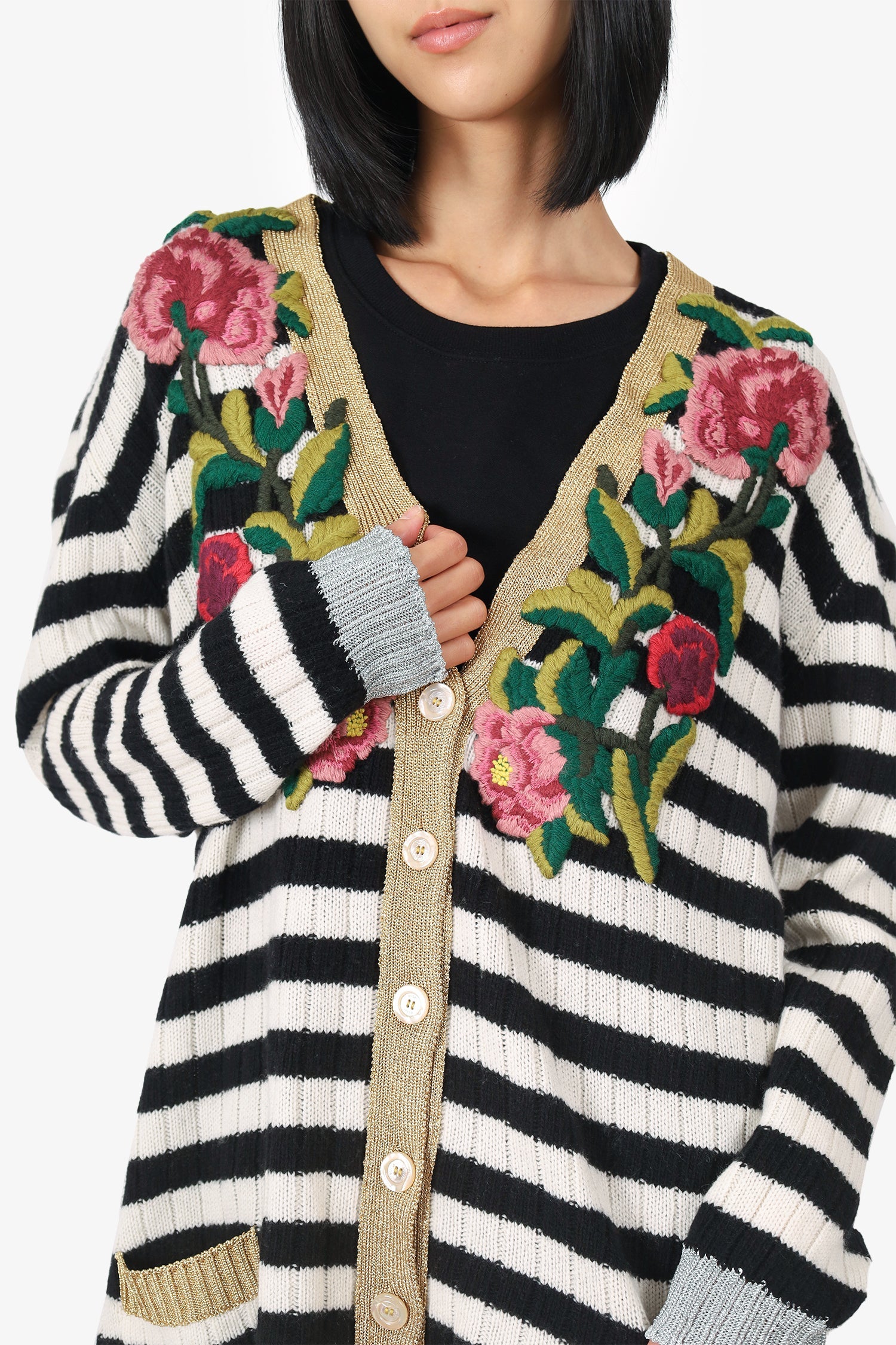 Gucci Black/White Knit Cashmere/Wool Striped/Floral Print igan Size  L