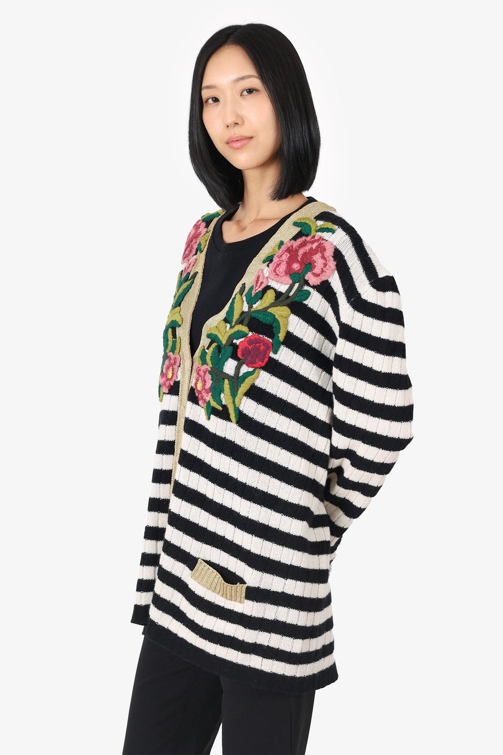 Gucci Black/White Knit Cashmere/Wool Striped/Floral Print igan Size  L