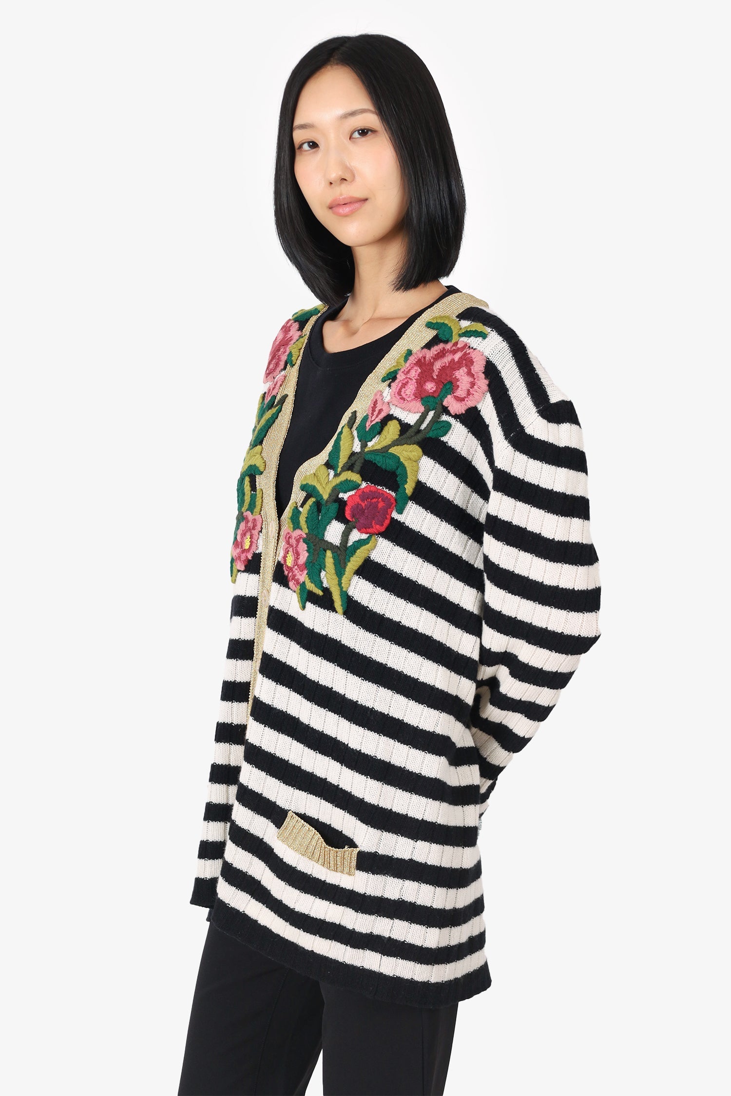 Gucci Black/White Knit Cashmere/Wool Striped/Floral Print igan Size  L