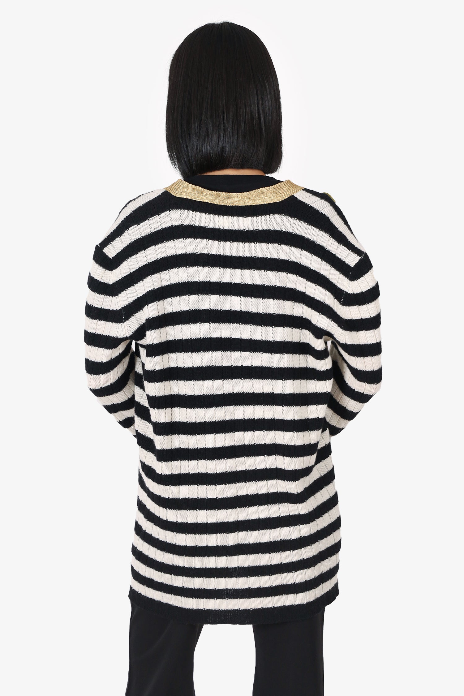 Gucci Black/White Knit Cashmere/Wool Striped/Floral Print igan Size  L