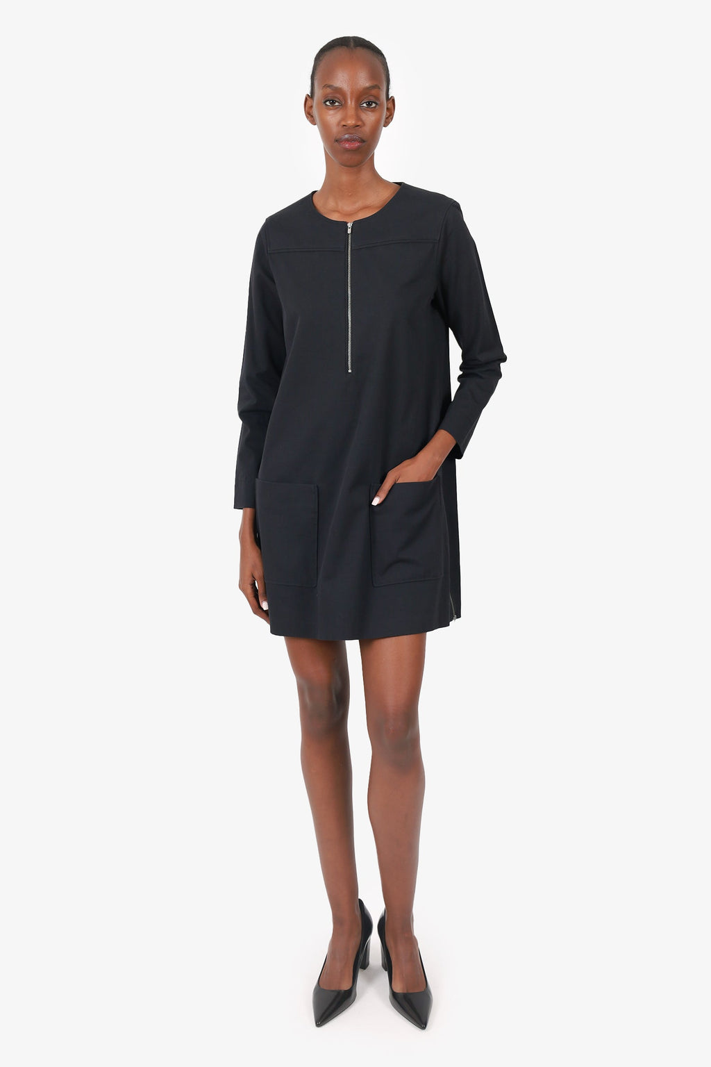 Maje Black Front Pocket/Zip Detail Mini Dress Size 2