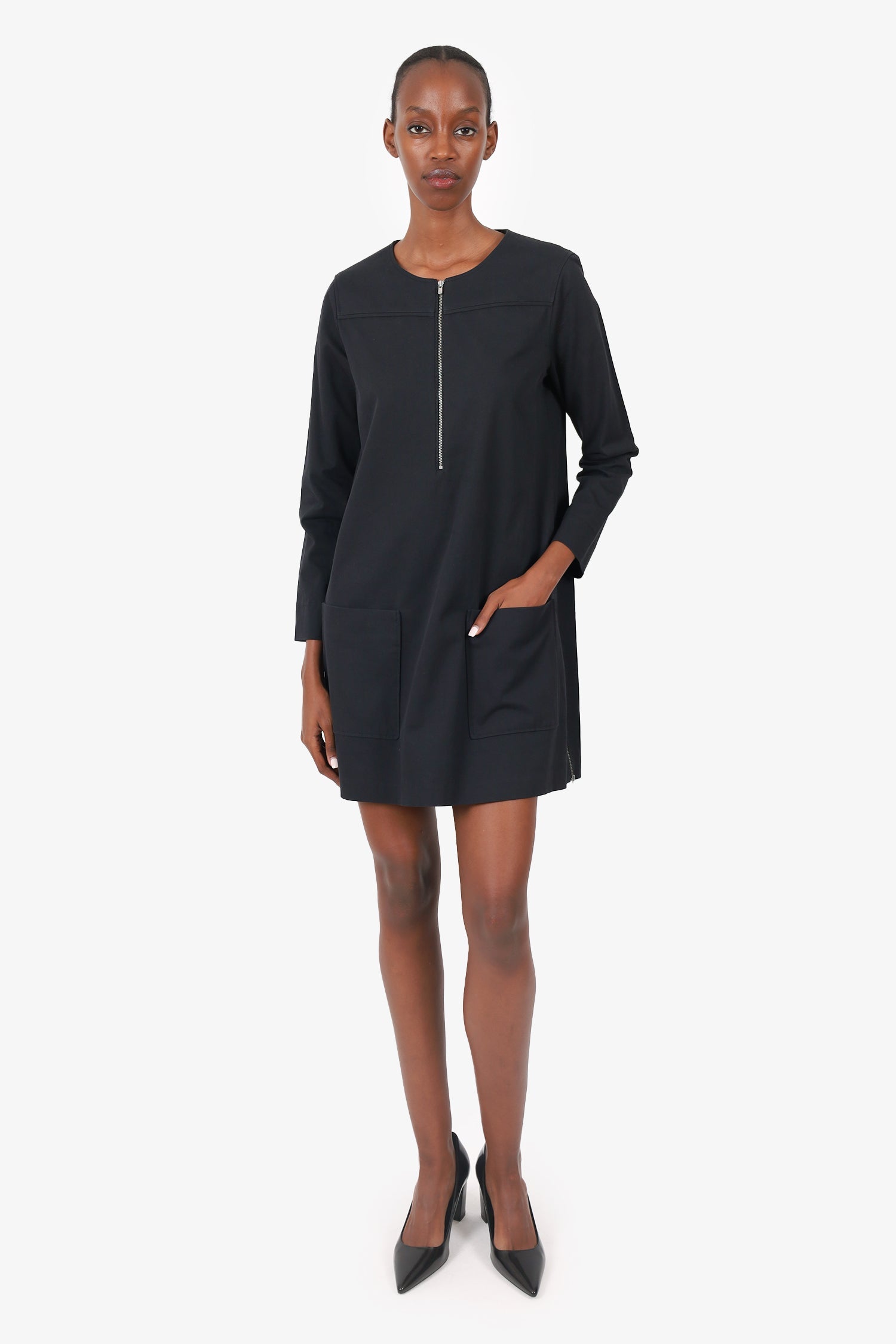 Maje Black Front Pocket/Zip Detail Mini Dress Size 2