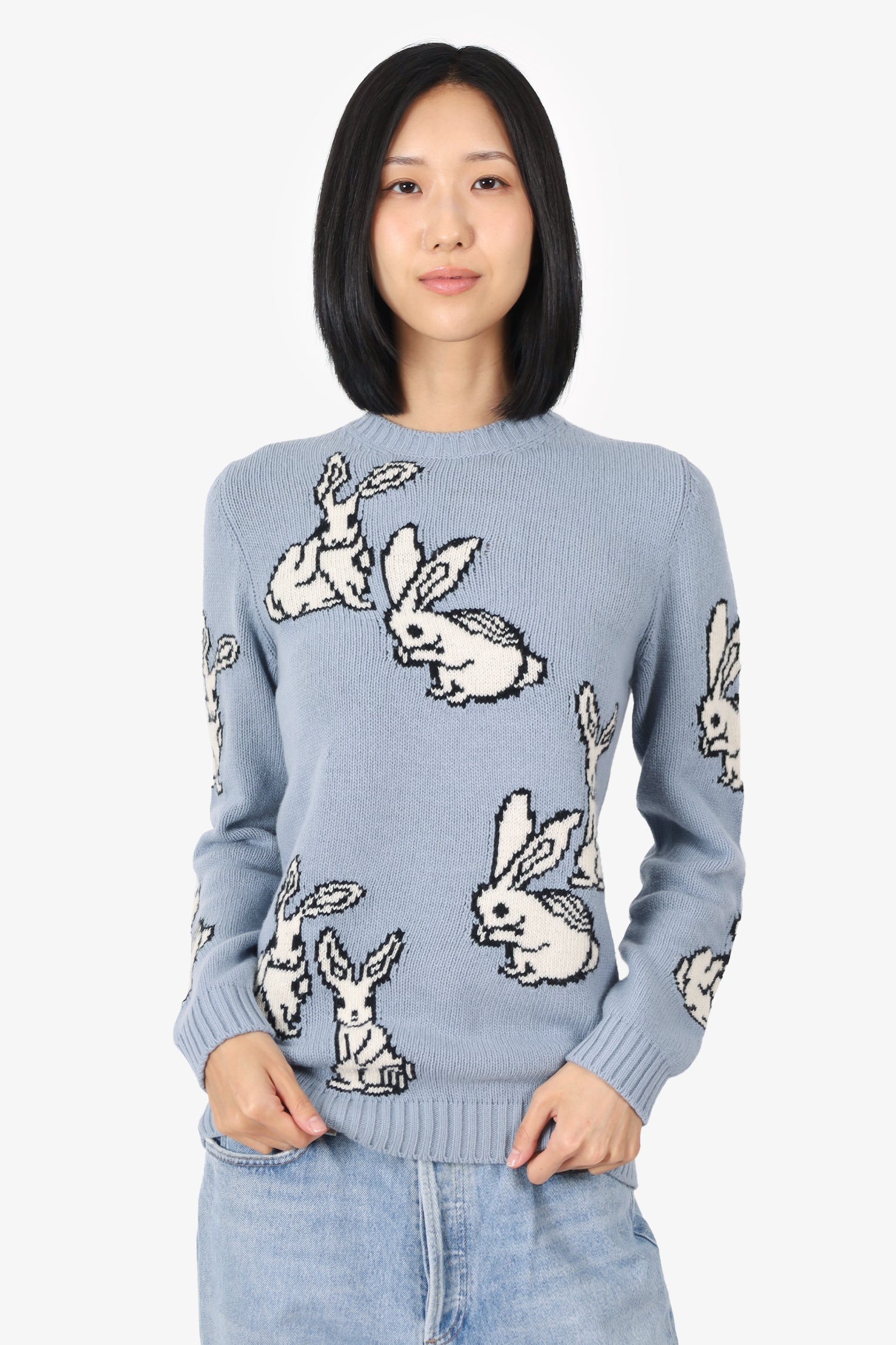 Prada Blue/White Wool/Cashmere Rabbit Sweater Size 40